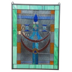 Vtg Arts & Crafts Clear Green Blue Leaded Stained Glass Hanging Window Panel