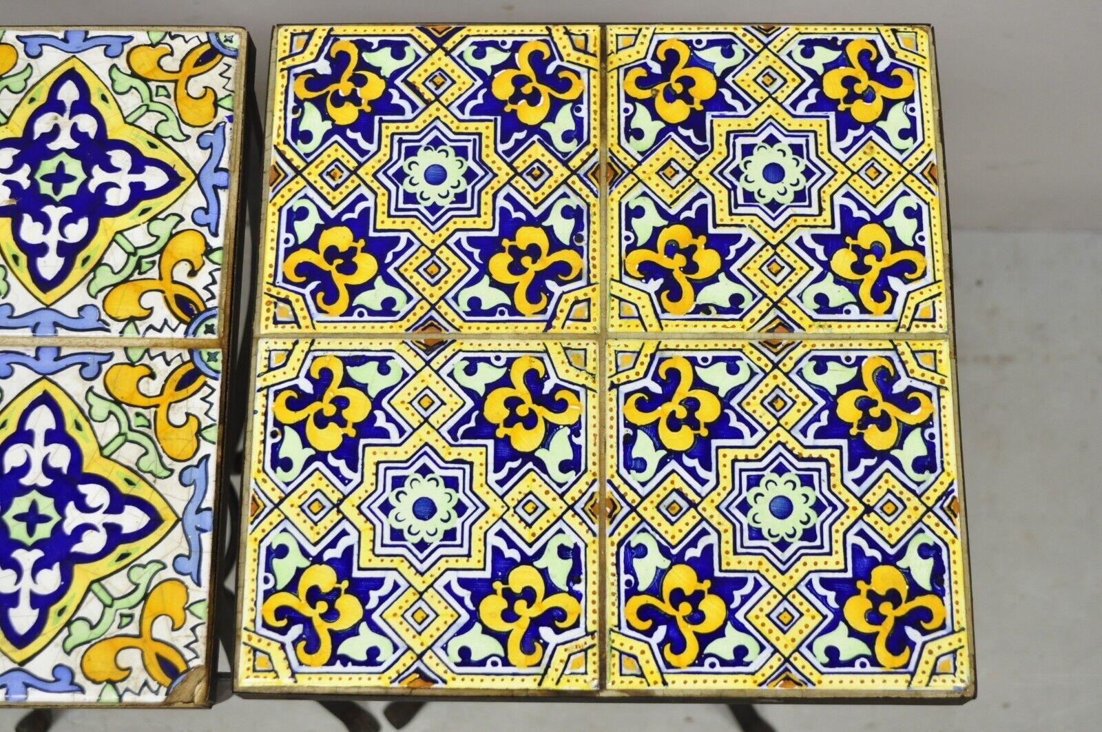 Vtg Arts & Crafts Style Yellow Blue Tile Top Iron Plant Stand Side Table - Pair 4