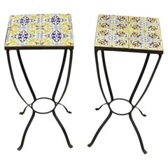 Vtg Arts & Crafts Style Yellow Blue Tile Top Iron Plant Stand Side Table - Pair