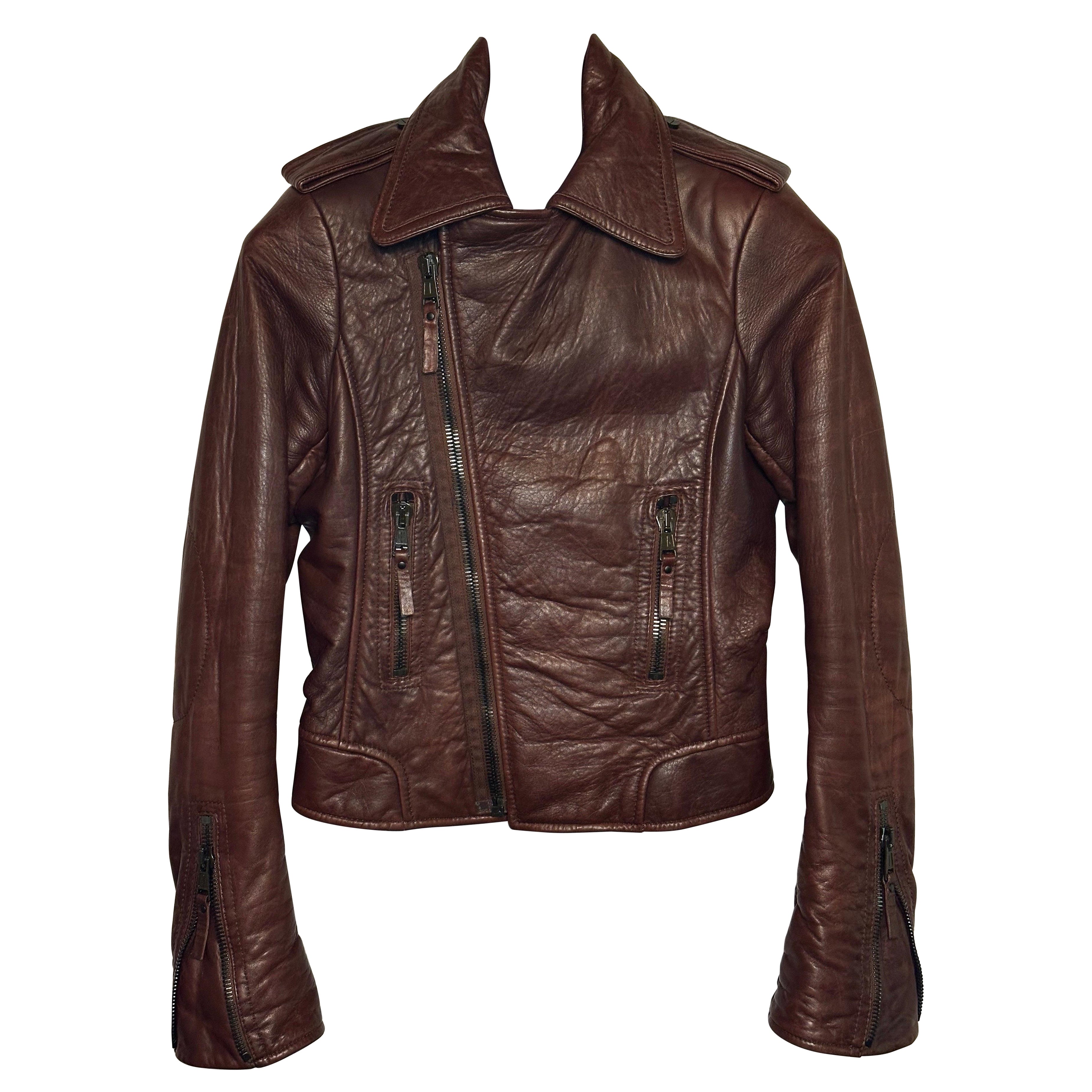 VTG Balenciaga '09 Brown Leather Moto Biker Jacket FR 38 XS Asymmetrical Zip