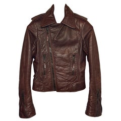 VTG Balenciaga '09 Brown Leather Moto Biker Jacket FR 38 XS Asymmetrical Zip