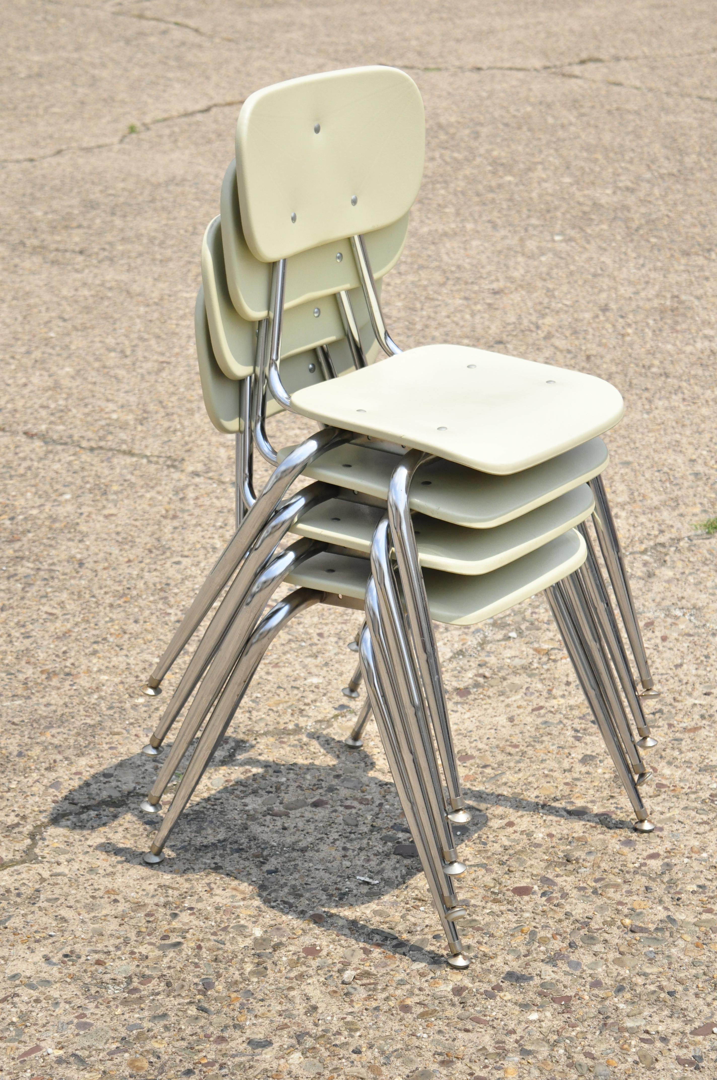 Vtg Beige Molded Plastic Chrome Metal Base Stacking School Side Chairs, Set of 4 For Sale 5