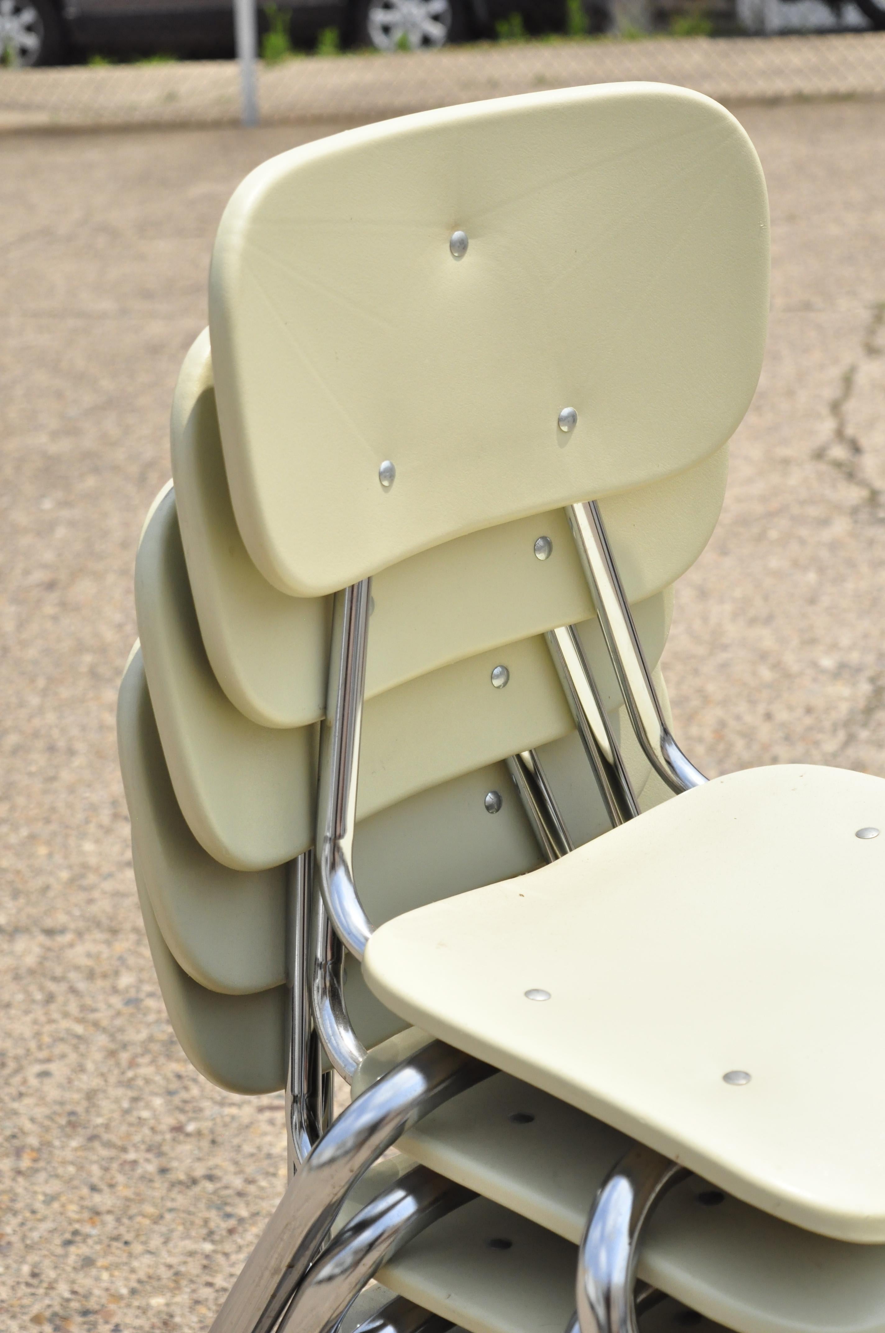 North American Vtg Beige Molded Plastic Chrome Metal Base Stacking School Side Chairs, Set of 4 For Sale