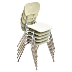 Used Vtg Beige Molded Plastic Chrome Metal Base Stacking School Side Chairs, Set of 4