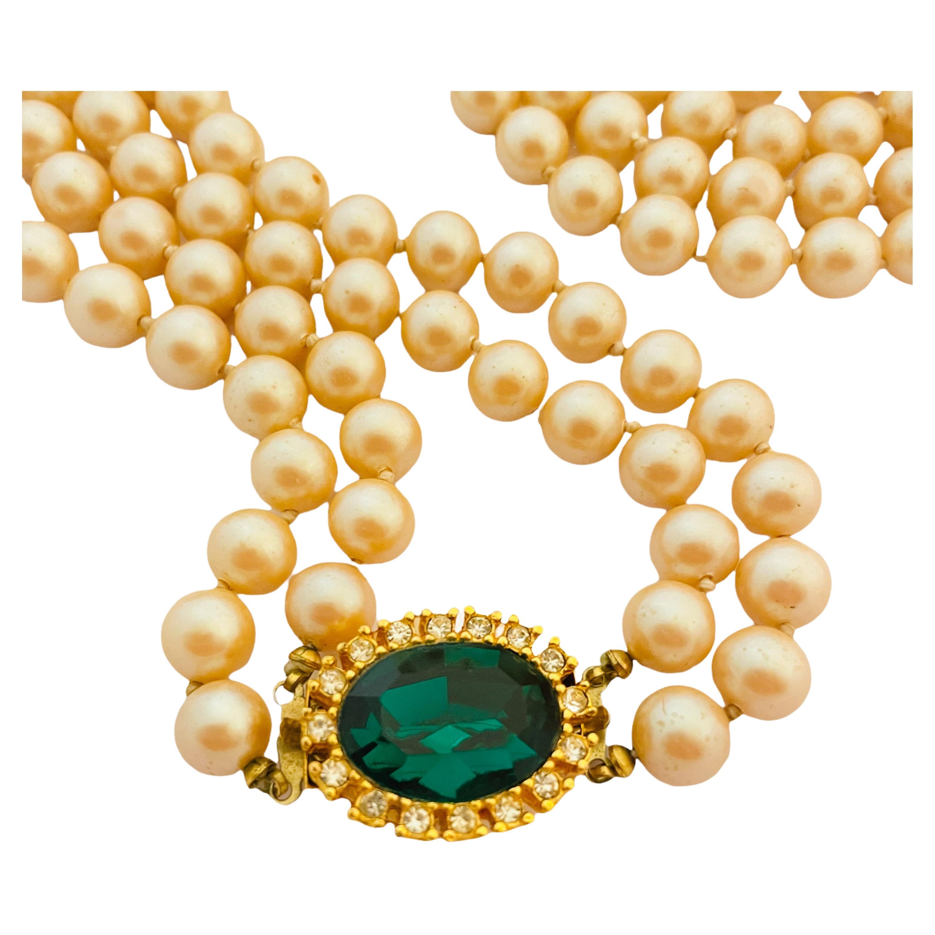 Vtg BENEDIKT NY gold pearl emerald glass necklace designer runway For Sale