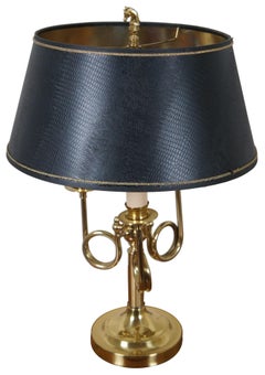 Vtg Brass French Horn 3 Arm Horse Hunt Library Candlestick Bouillotte Lamp