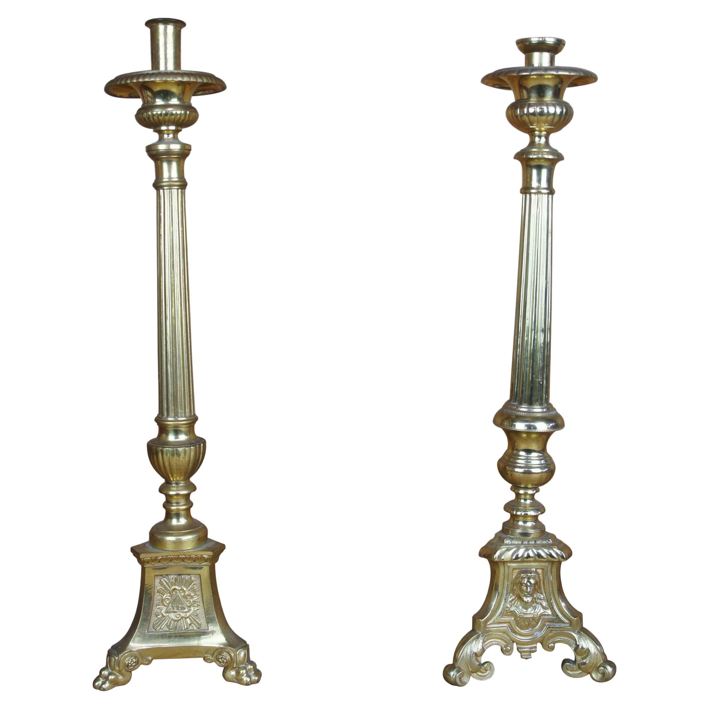 Vtg Brass Jesus Mary Joseph Ecclesiastical Alter Candlestick Candle Holders