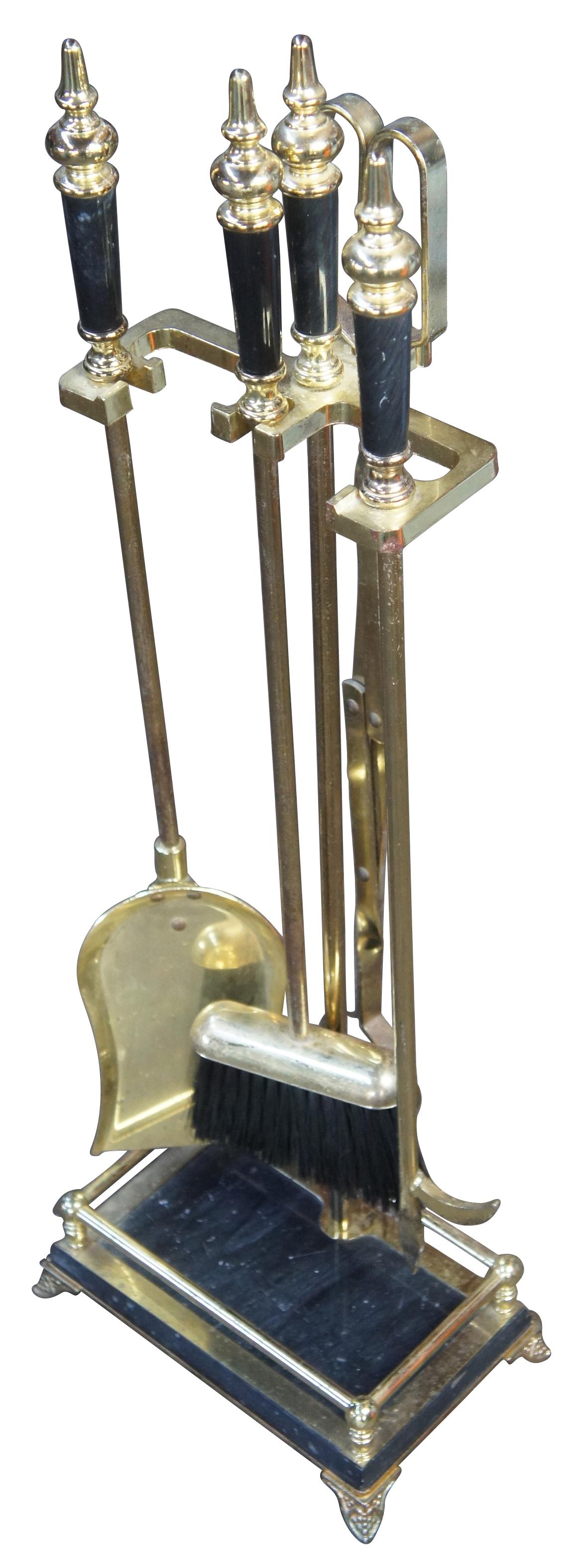 Vtg Brass Marble Fireplace Hearthware Tools Poker Shovel Brush Tongs Stand 32