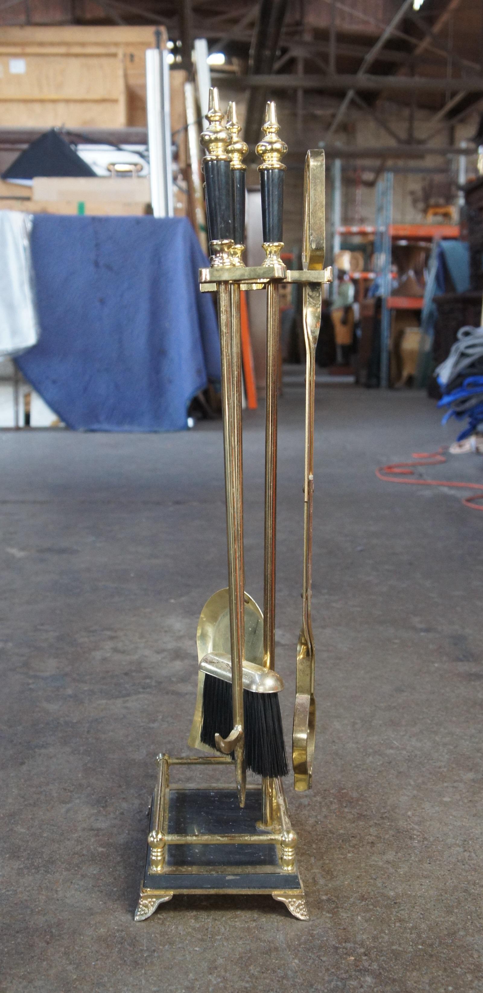 Laiton Vtg Brass Marble Fireplace Hearthware Tools Poker Shovel Brush Tongs Stand 32