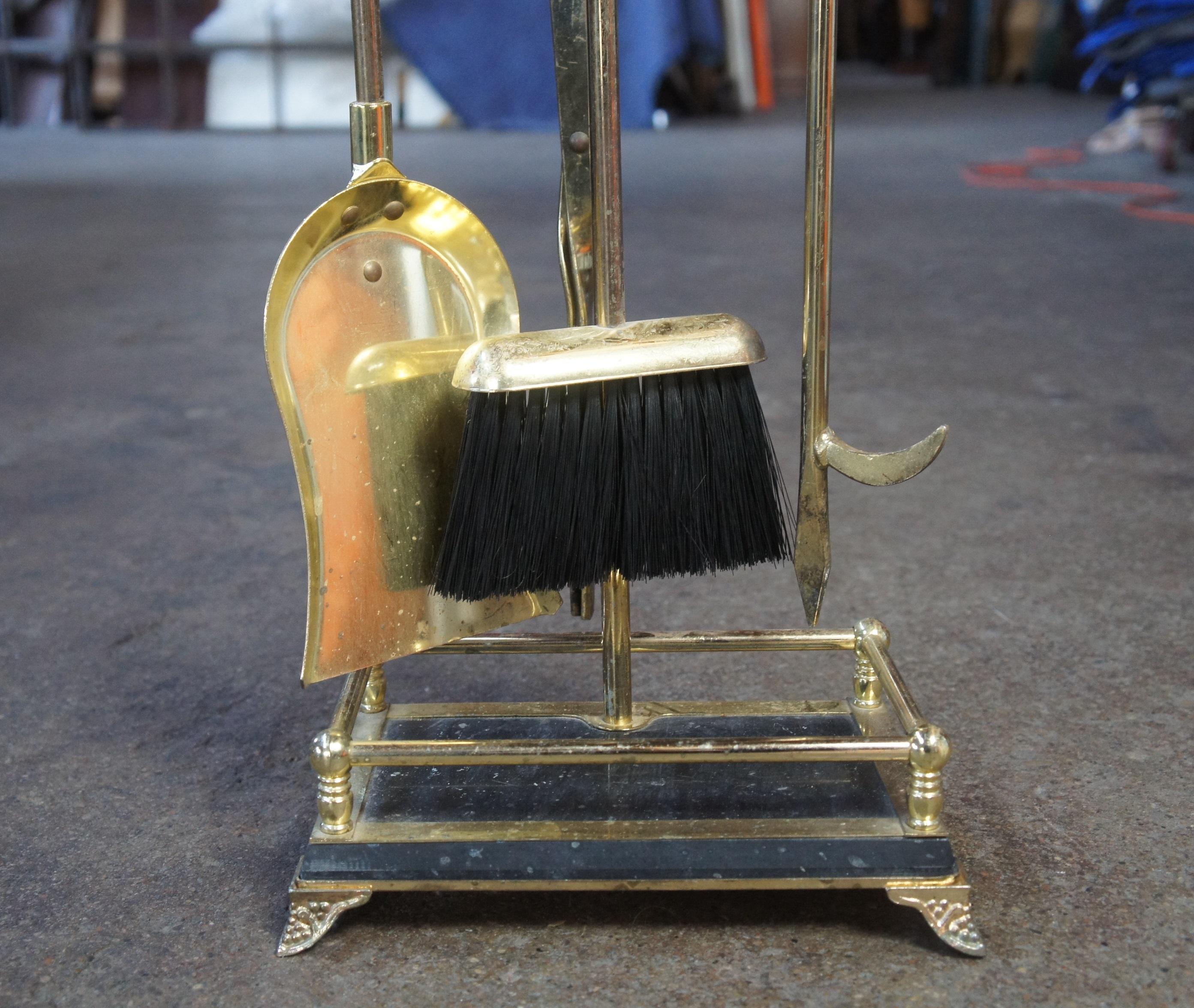 Vtg Brass Marble Fireplace Hearthware Tools Poker Shovel Brush Tongs Stand 32
