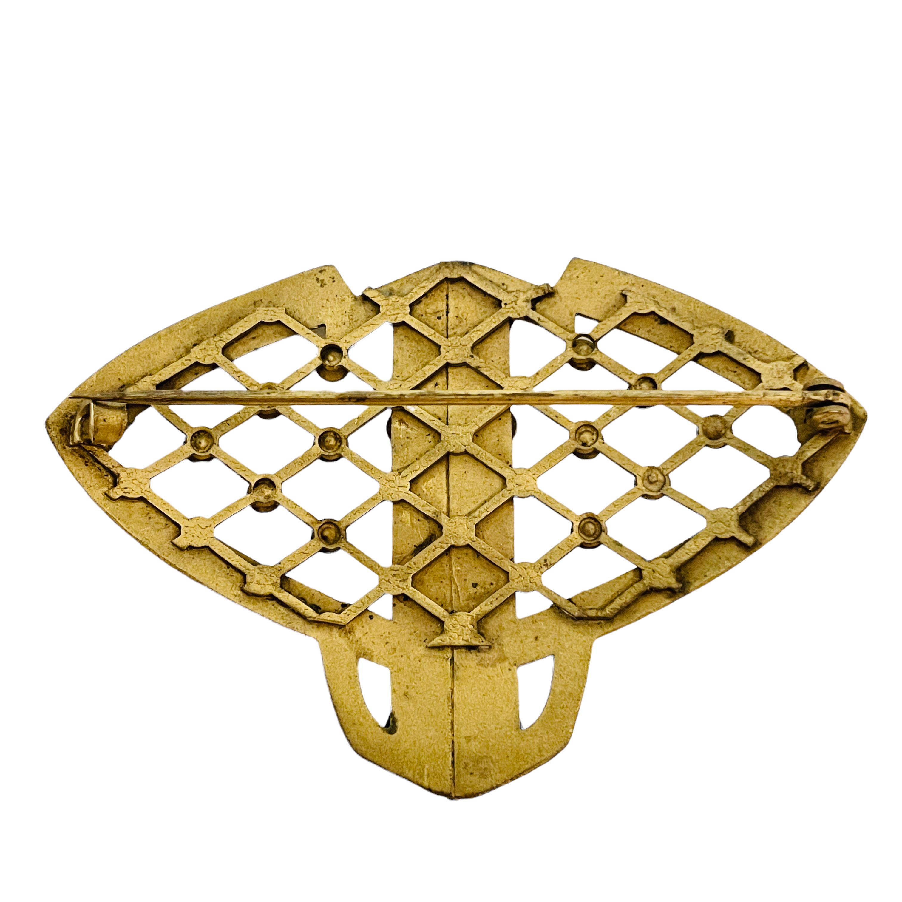 Vtg bronze gold sapphire rhinestones designer brooch In Good Condition For Sale In Palos Hills, IL
