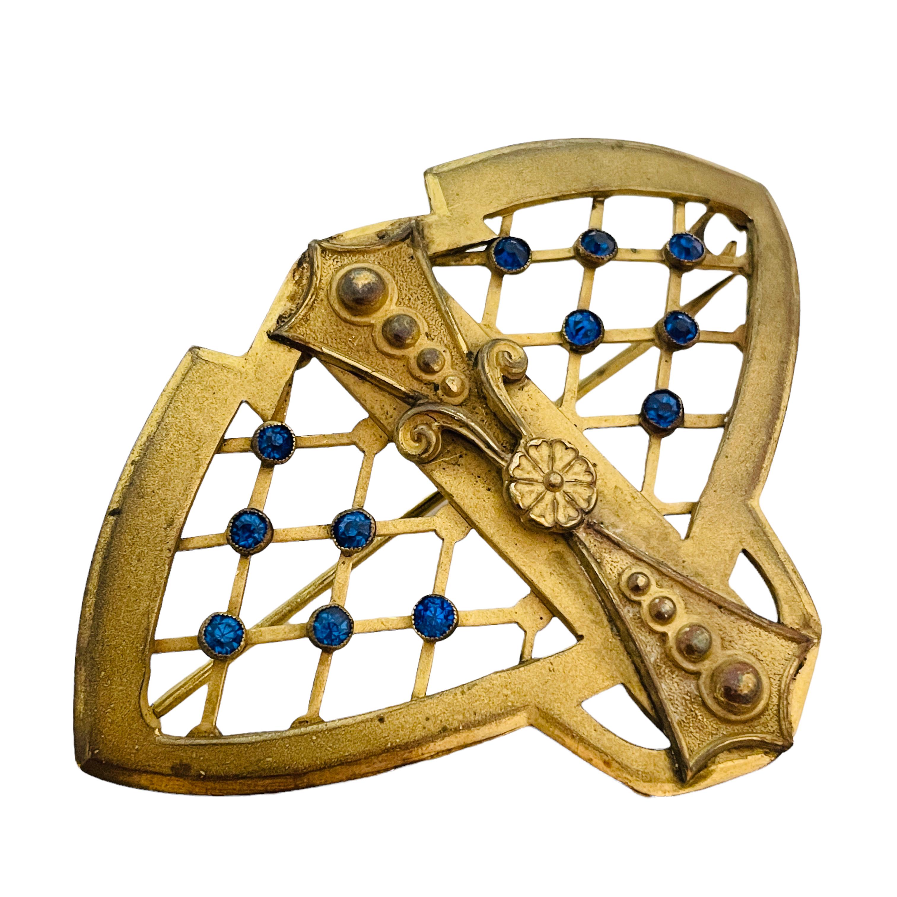 Women's or Men's Vtg bronze gold sapphire rhinestones designer brooch For Sale