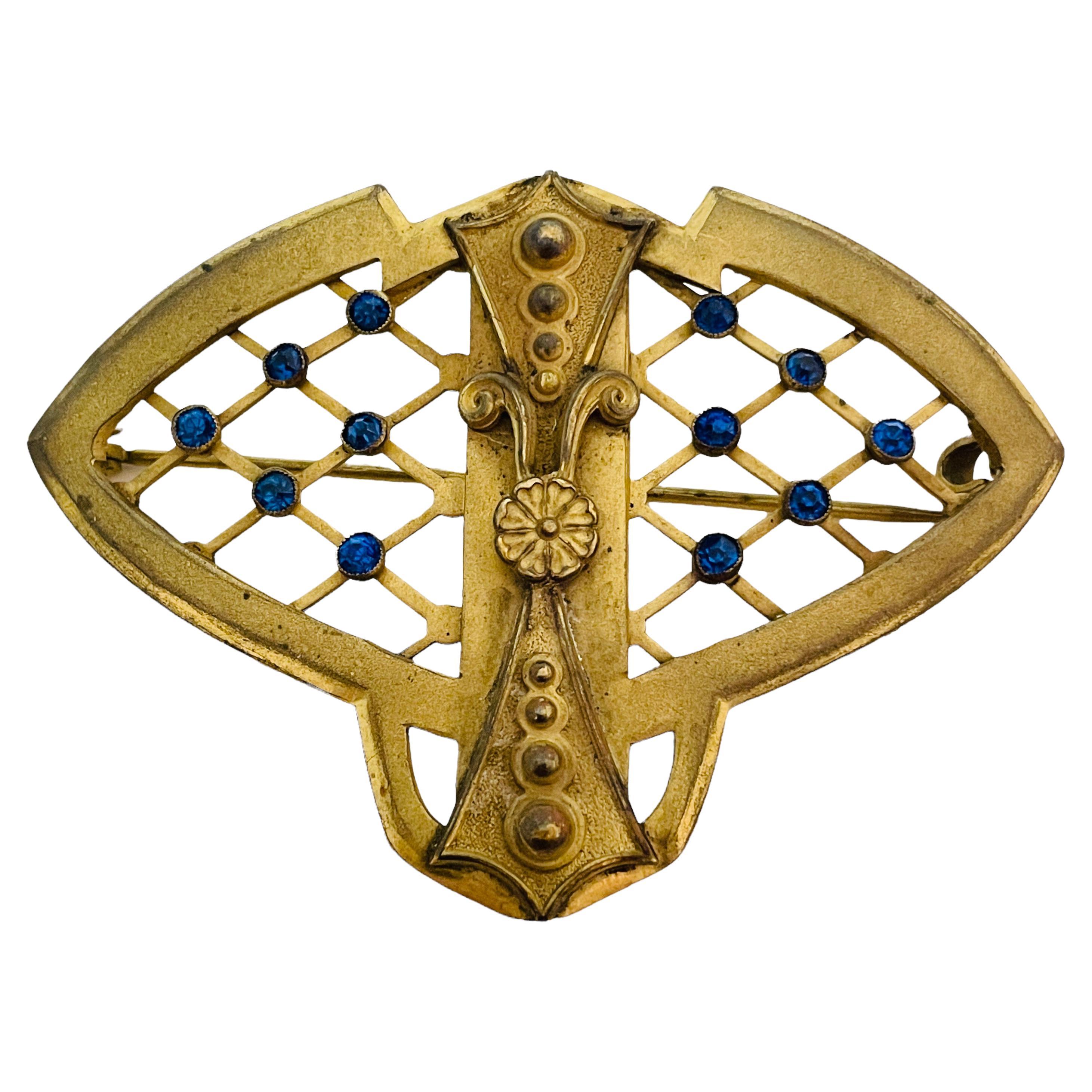 Vtg bronze gold sapphire rhinestones designer brooch For Sale