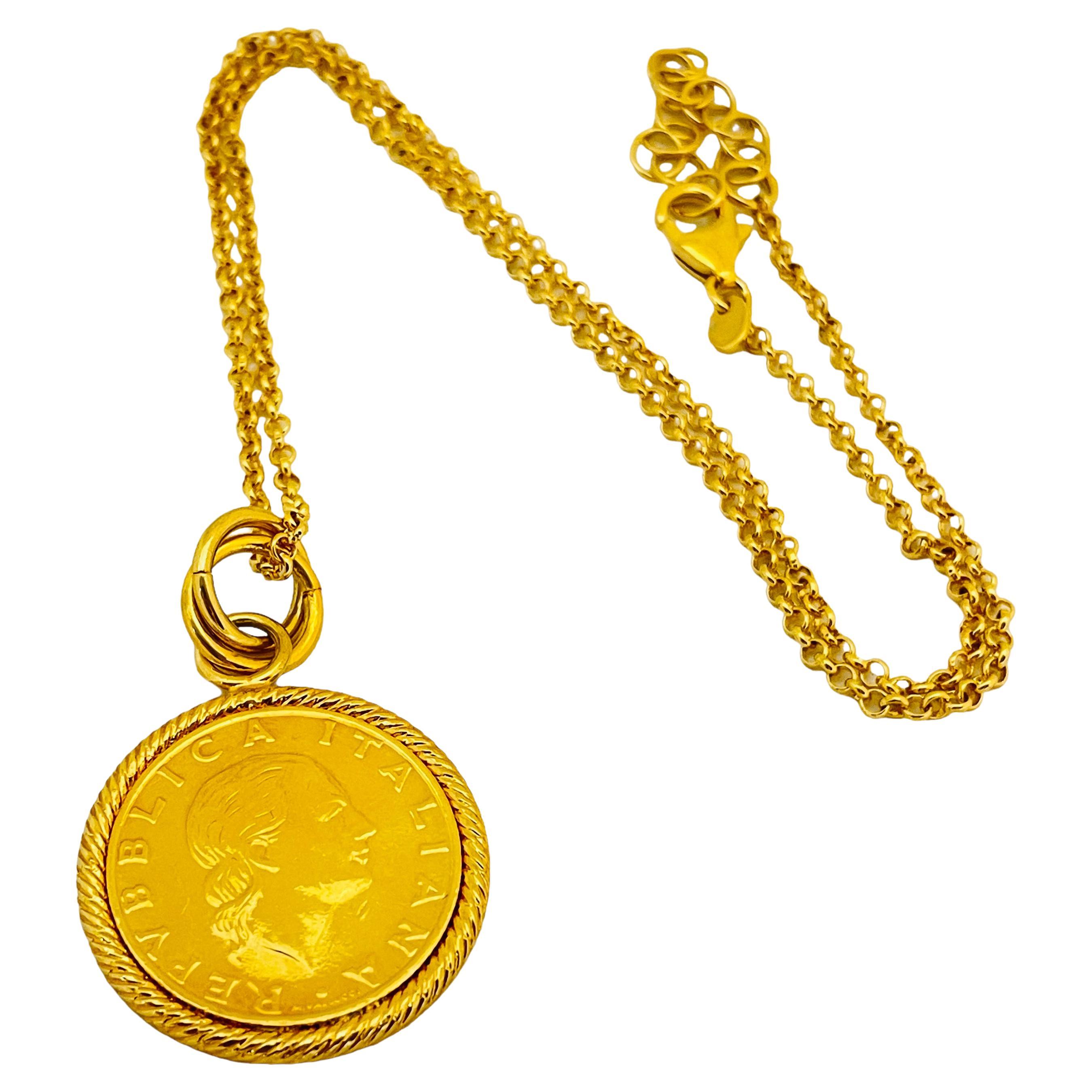 Vtg BRONZE MILOR ITALY 200 LIRE 1995 coin necklace in gold  For Sale