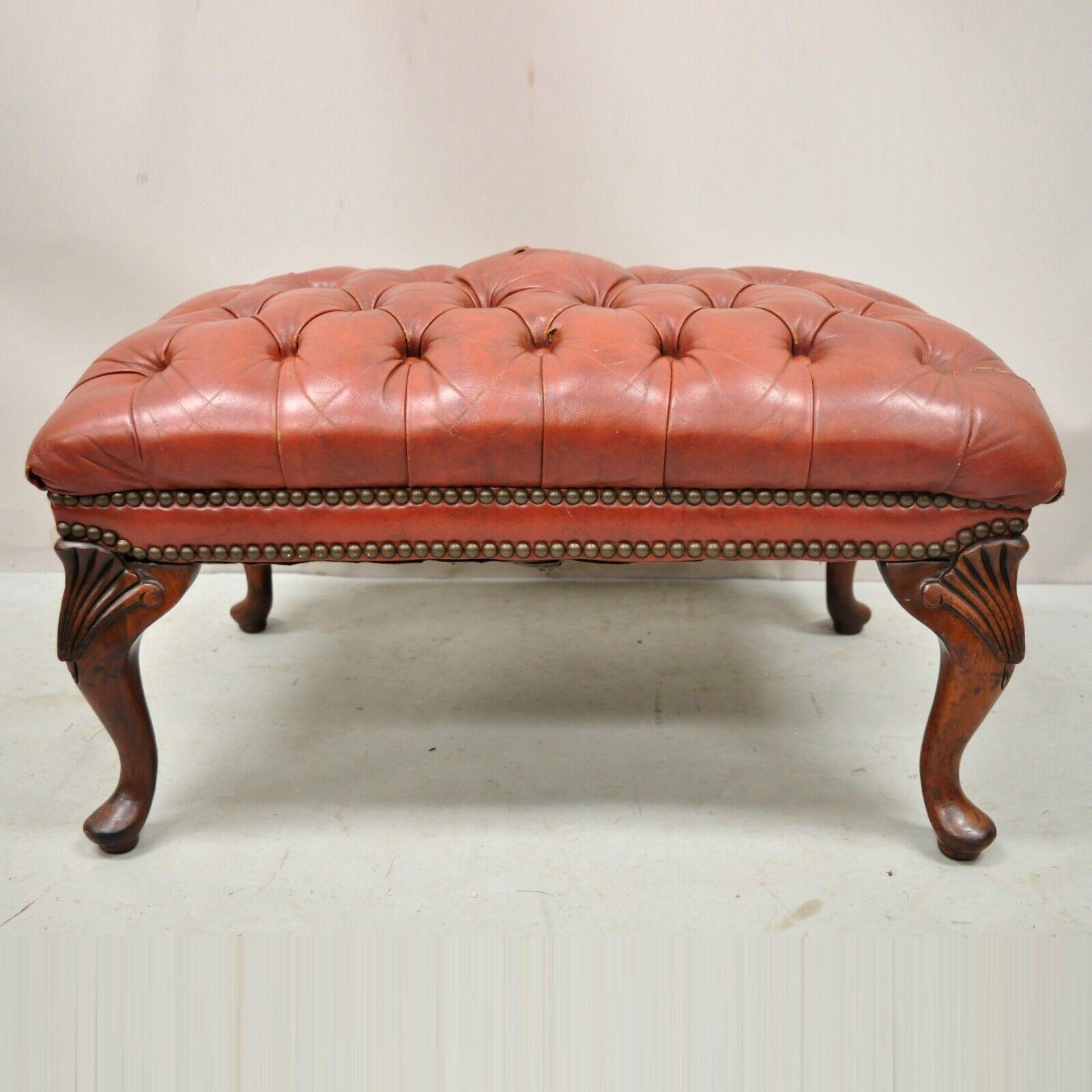 Vtg Brown Leather English Chesterfield Queen Anne Style Tufted Ottoman Footstool For Sale 3