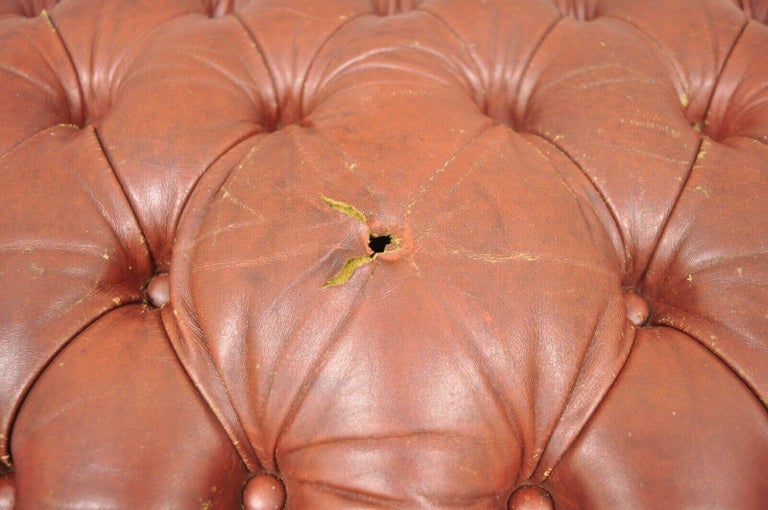 Handmade Large Chesterfield Leather Footstool Table – Antique Brown Tufted Ottoman With Queen Anne Legs – British Made Coffee Table Bench