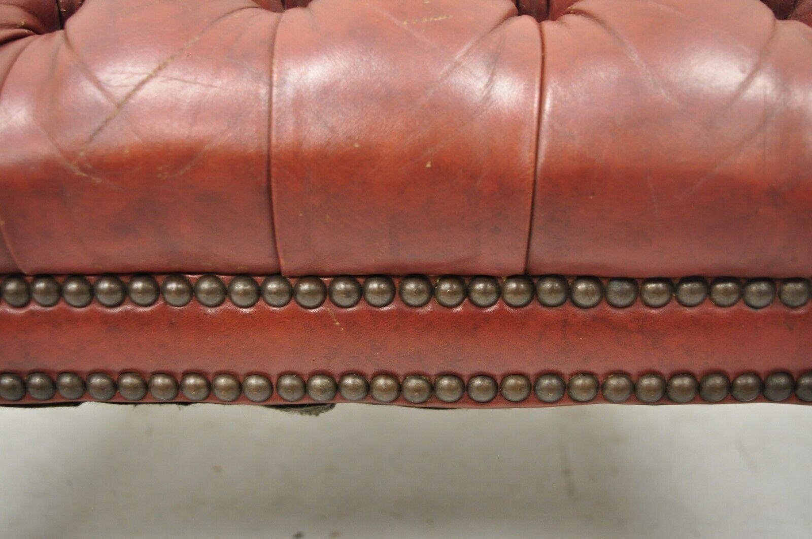 20th Century Vtg Brown Leather English Chesterfield Queen Anne Style Tufted Ottoman Footstool For Sale