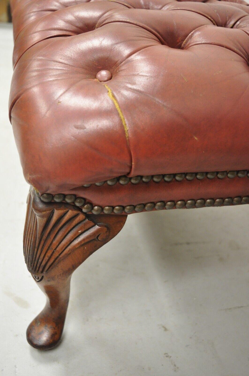 Vtg Brown Leather English Chesterfield Queen Anne Style Tufted Ottoman Footstool For Sale 2