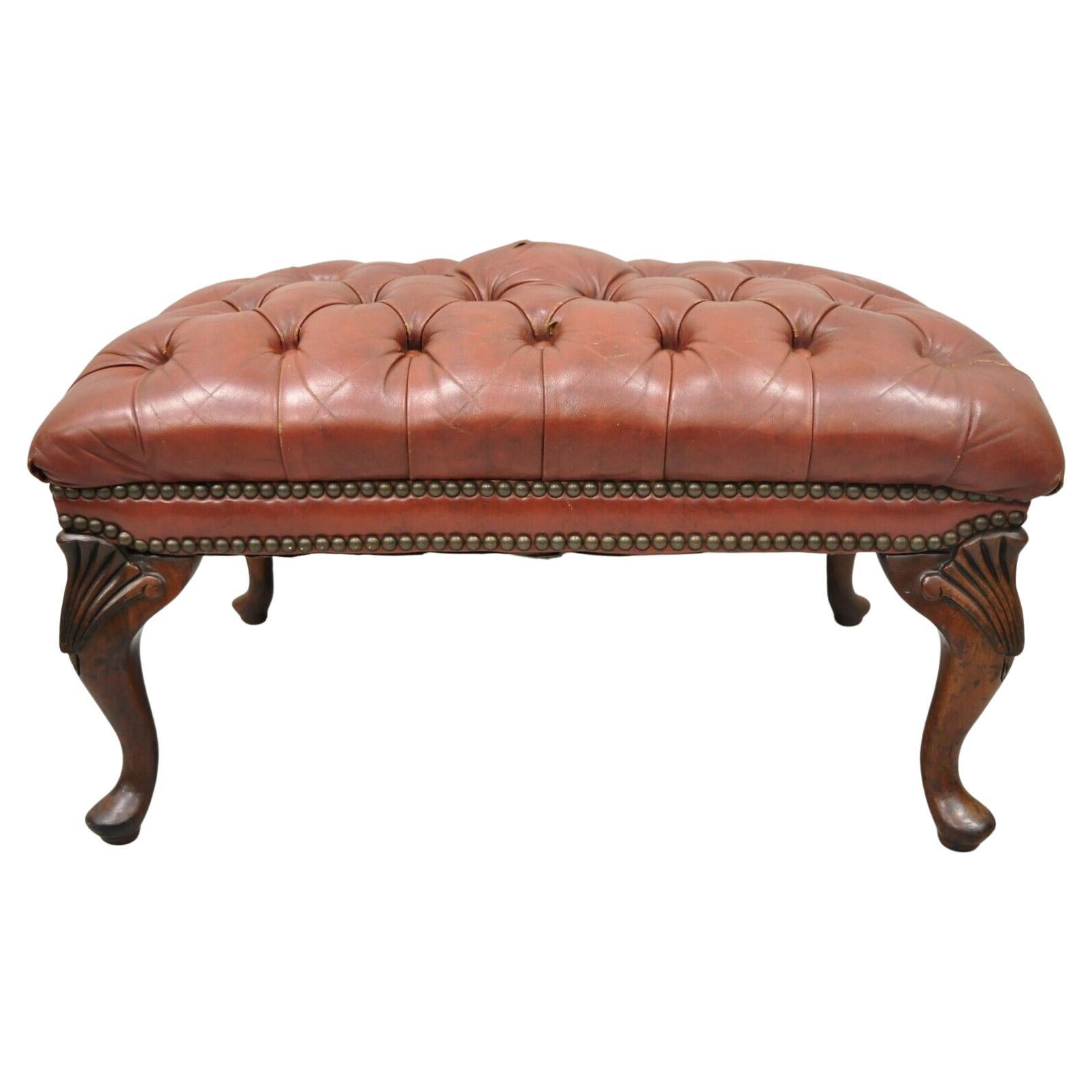Vtg Brown Leather English Chesterfield Queen Anne Style Tufted Ottoman Footstool For Sale