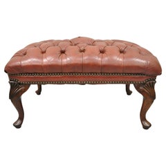 Retro Vtg Brown Leather English Chesterfield Queen Anne Style Tufted Ottoman Footstool