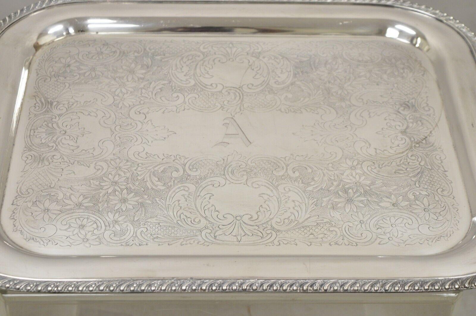 Vintage Burche Victorian Style Silver Plated Twin Handle Heavy Serving Platter Tray. Item features a heavy form, 
