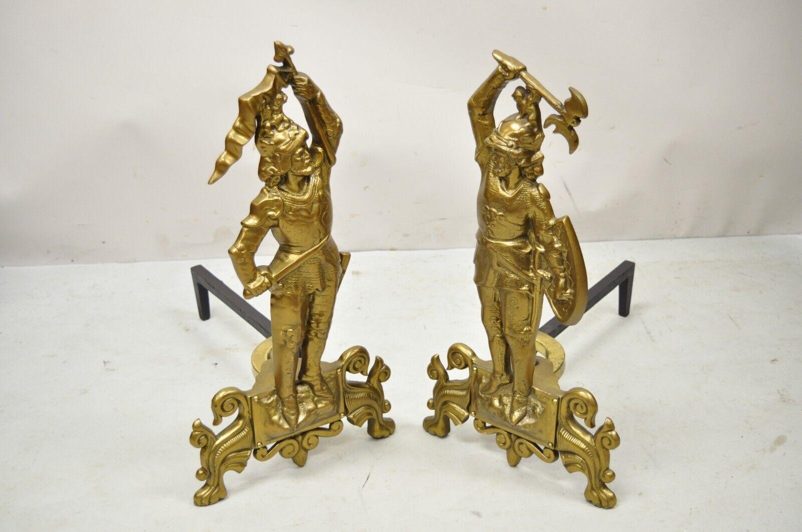 Vintage Cast Brass Figural Renaissance Soldier Warrior Fireplace Andirons - a Pair. Item features cast brass figural forms of warriors, cast iron supports, very nice vintage pair, great style and form. Circa Mid 20th Century. Measurements: 22.5