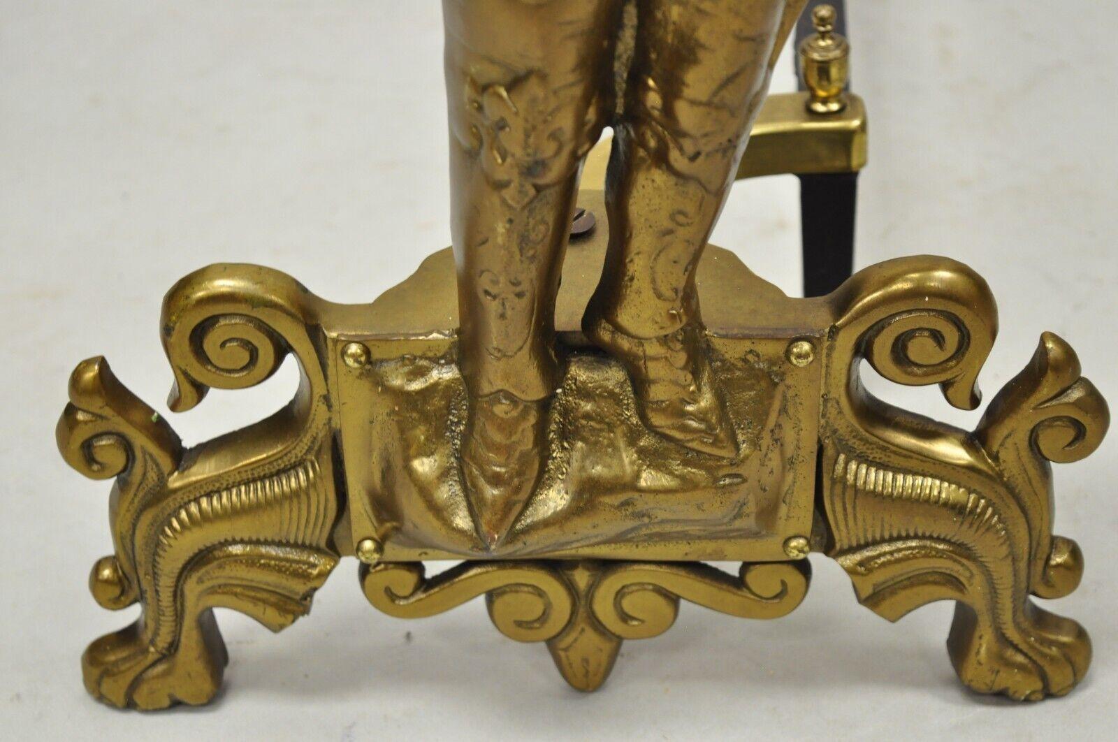 Vtg Cast Brass Figural Renaissance Soldier Warrior Fireplace Andirons - a Pair For Sale 1