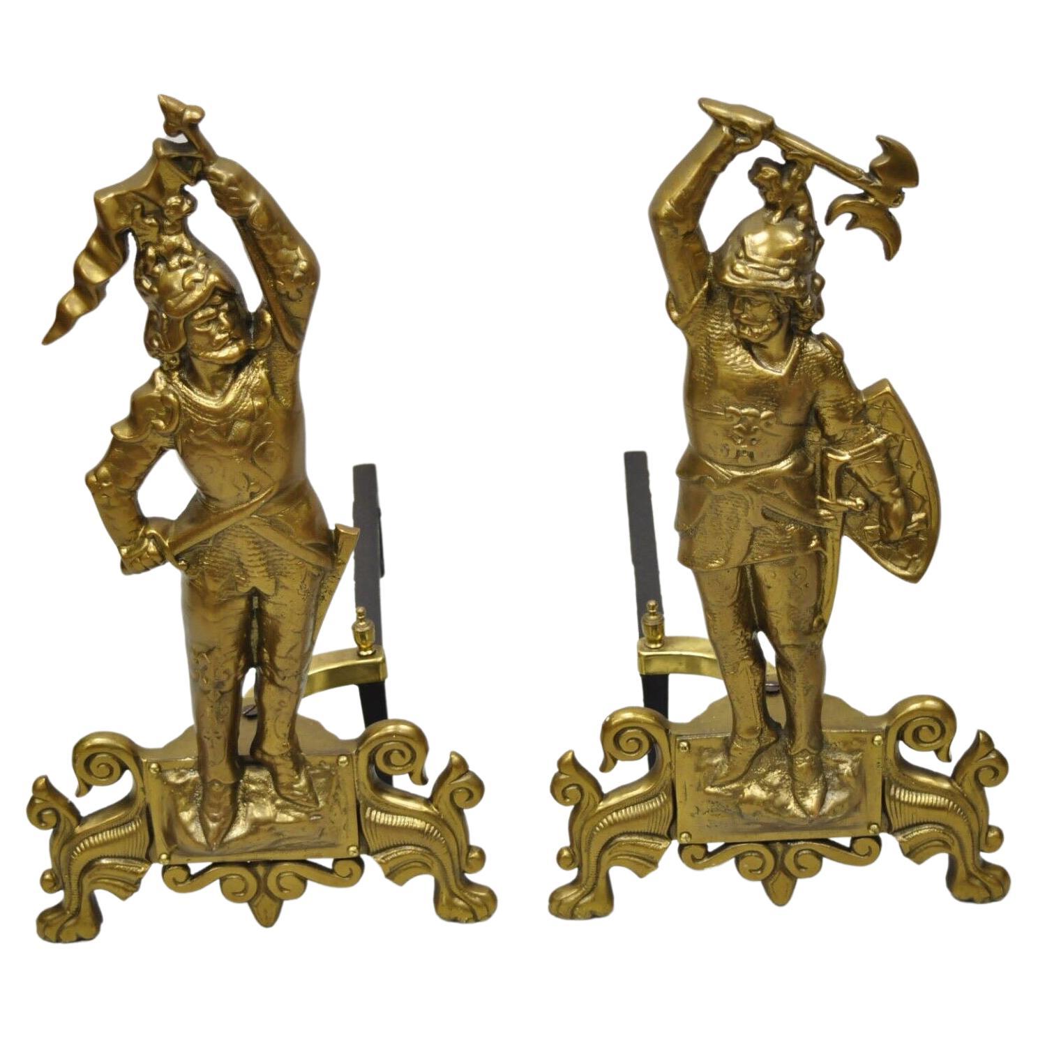 Vtg Cast Brass Figural Renaissance Soldier Warrior Fireplace Andirons - a Pair