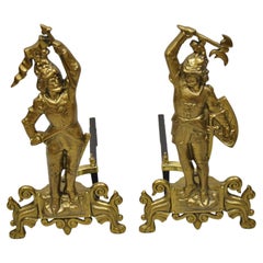 Vintage Vtg Cast Brass Figural Renaissance Soldier Warrior Fireplace Andirons - a Pair