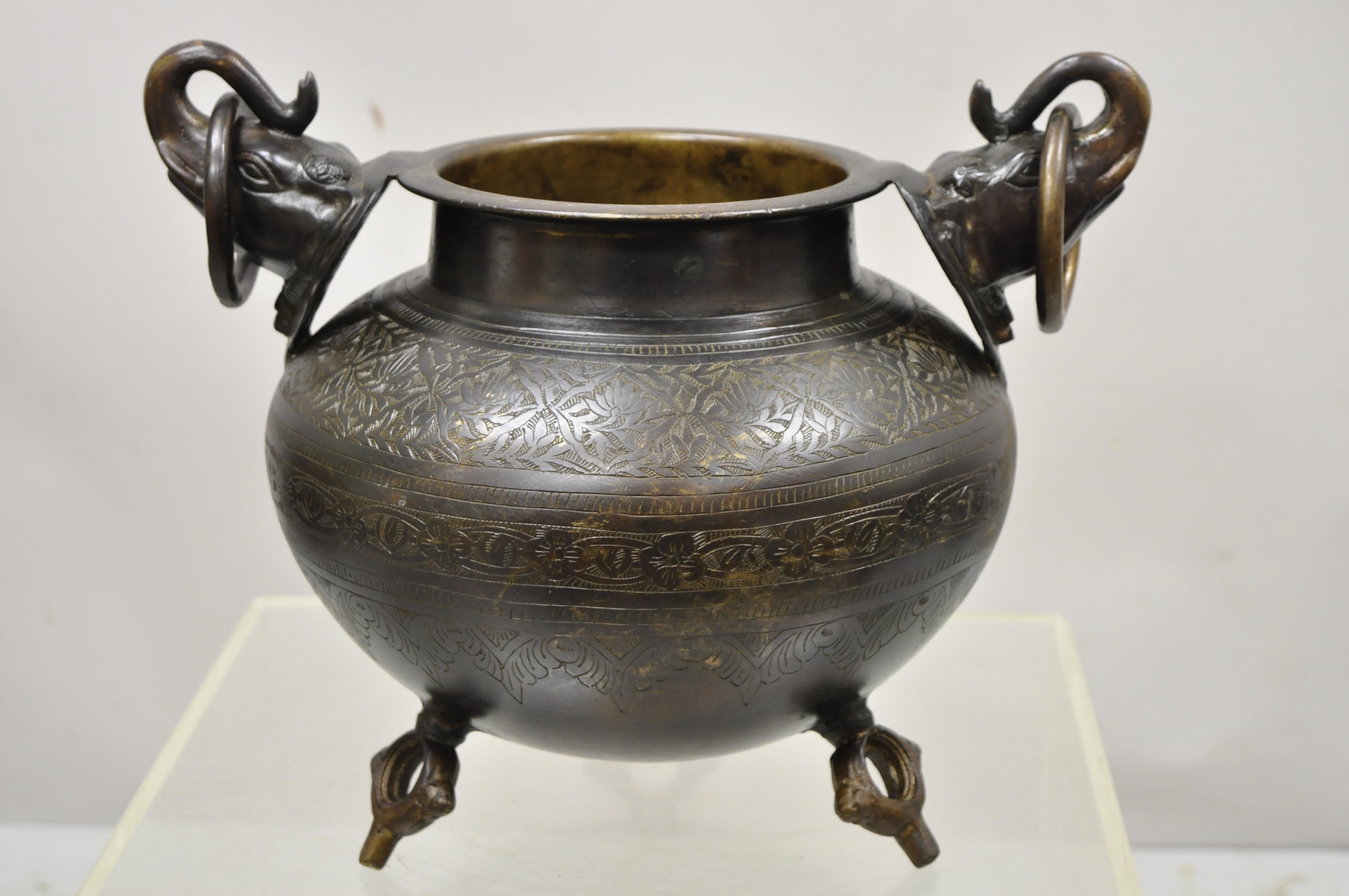 Vintage Cast Iron Bronze Chinese Twin Elephant Handle Etched Bowl Pot Planter 5
