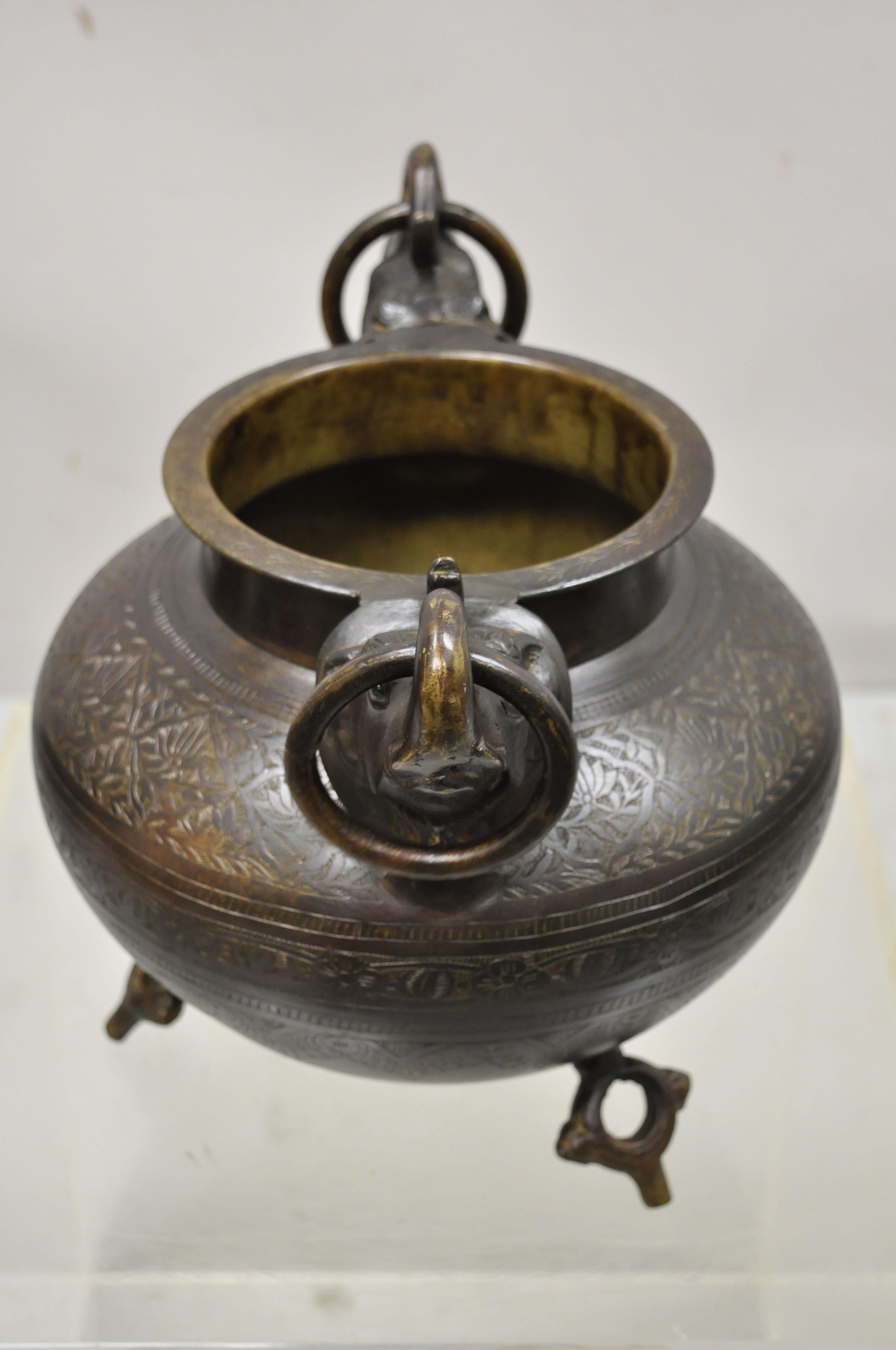 Vintage Cast Iron Bronze Chinese Twin Elephant Handle Etched Bowl Pot Planter 6