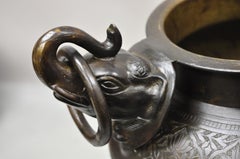 Vintage Cast Iron Bronze Chinese Twin Elephant Handle Etched Bowl Pot Planter