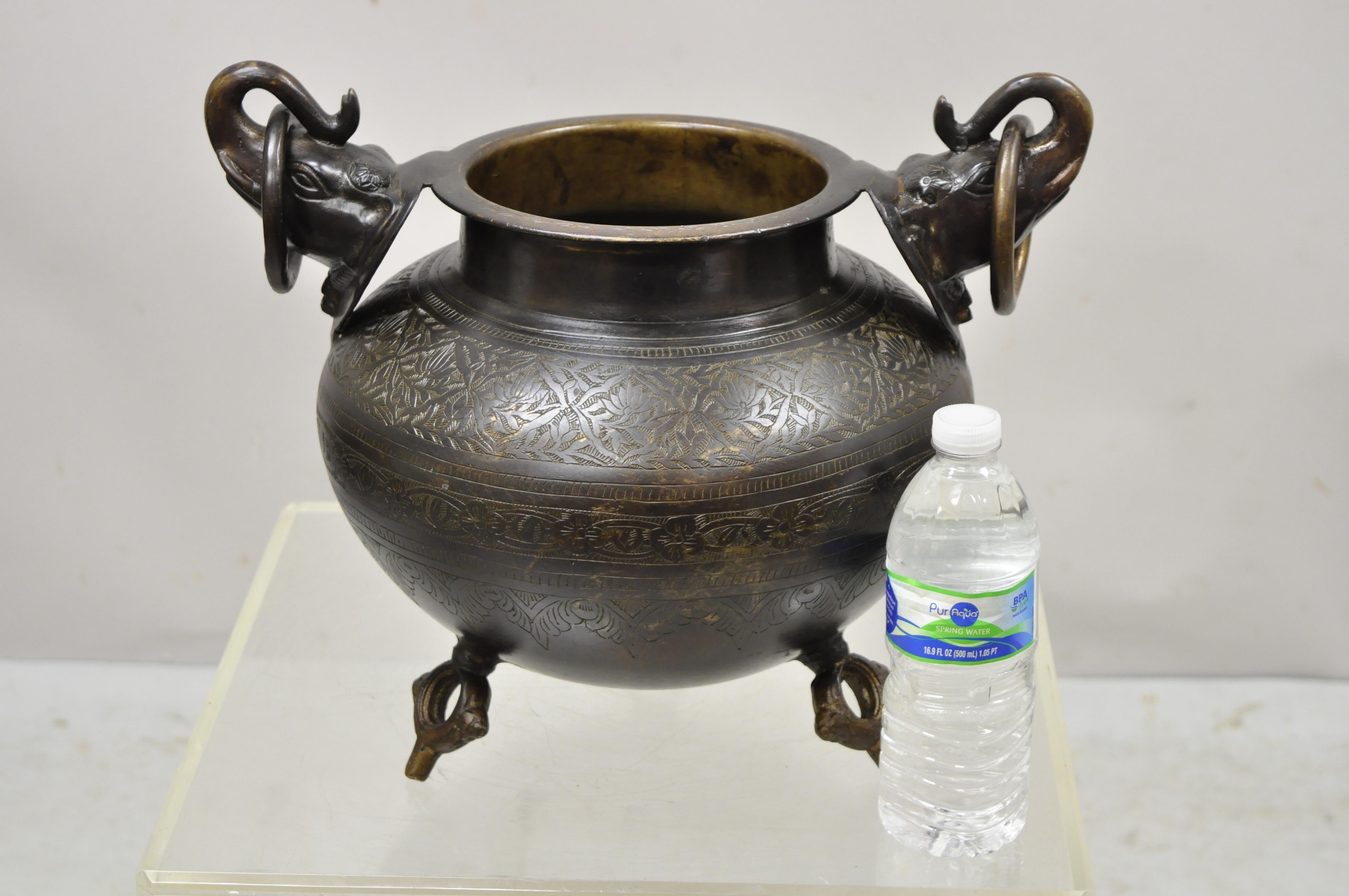 Asian Vintage Cast Iron Bronze Chinese Twin Elephant Handle Etched Bowl Pot Planter