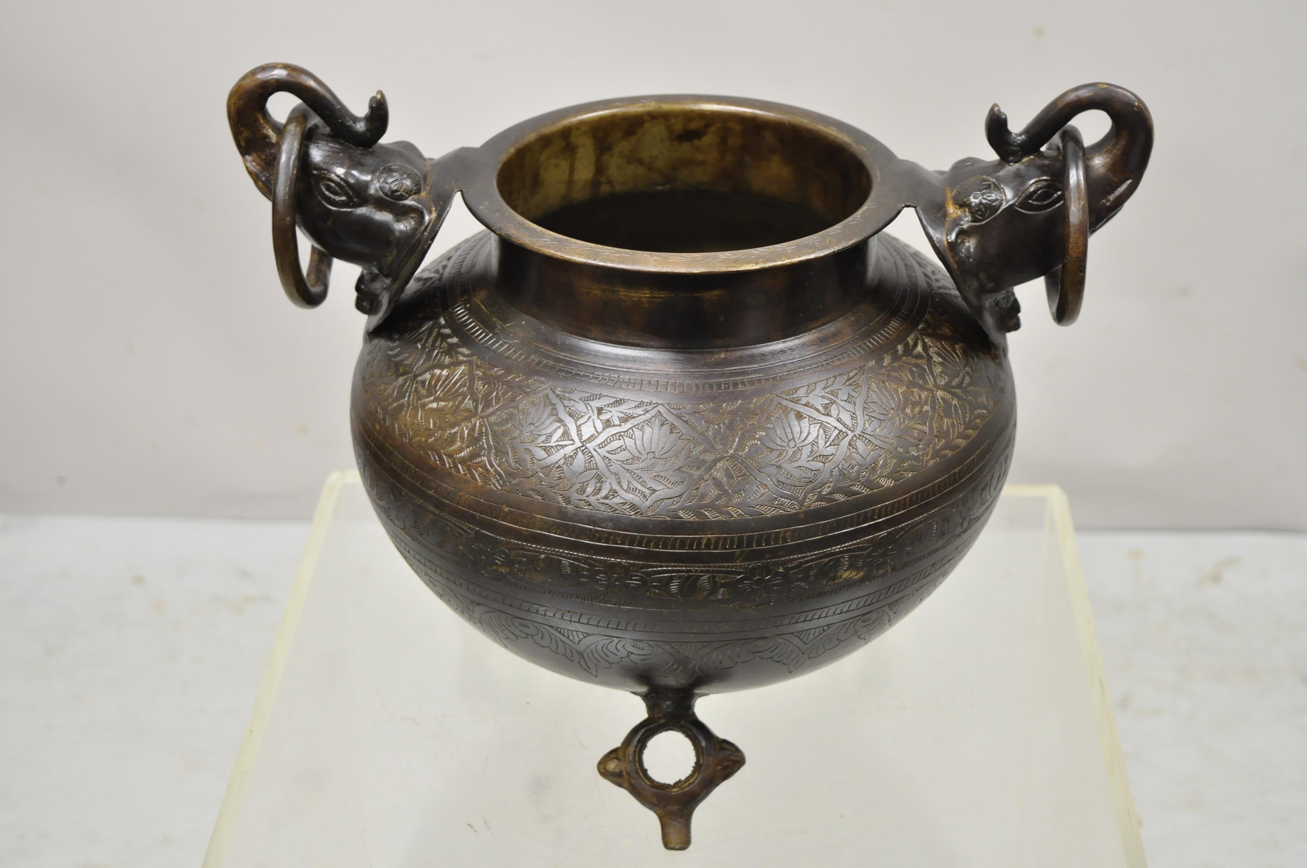 20th Century Vintage Cast Iron Bronze Chinese Twin Elephant Handle Etched Bowl Pot Planter