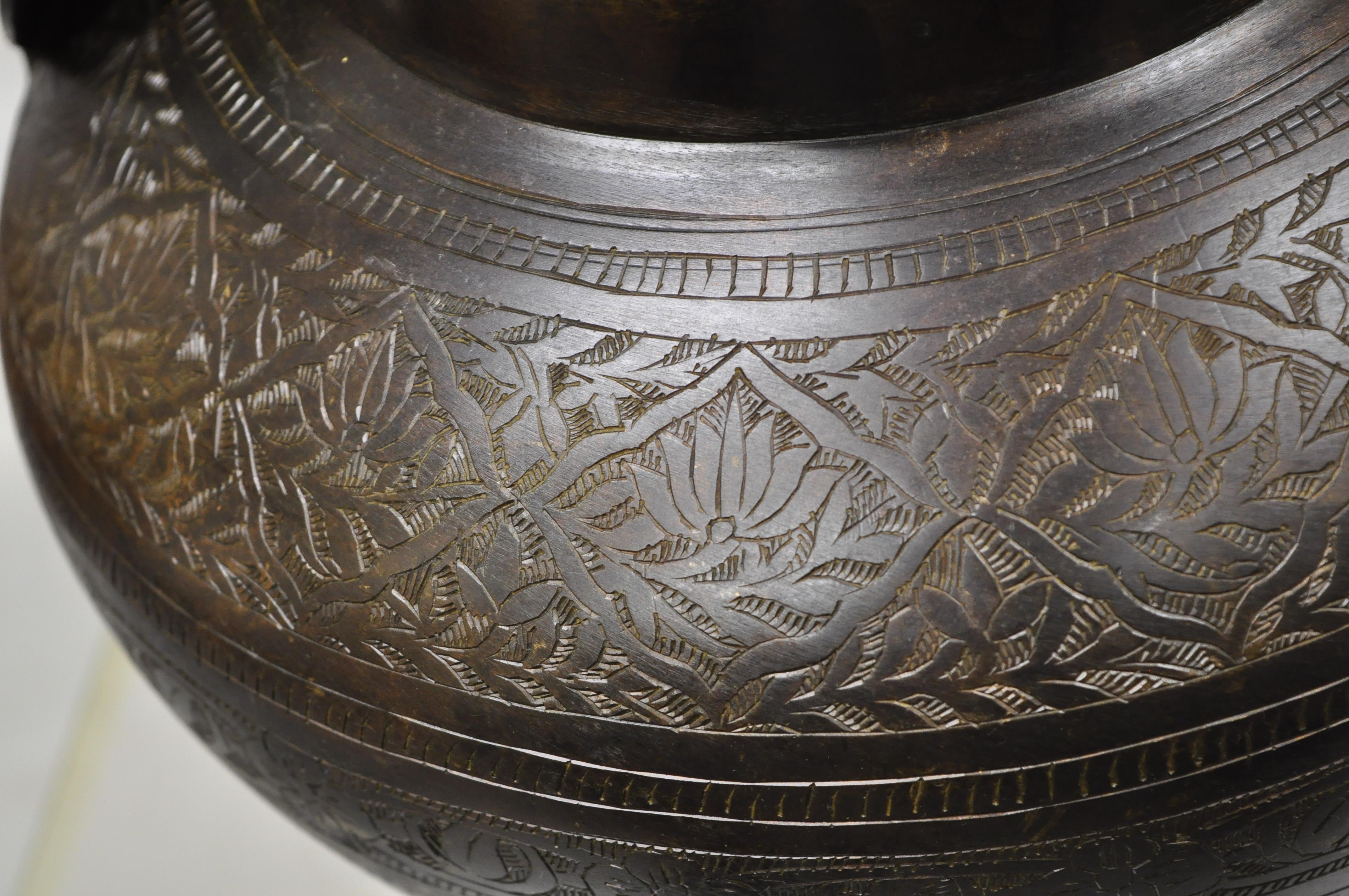 Vintage Cast Iron Bronze Chinese Twin Elephant Handle Etched Bowl Pot Planter 1
