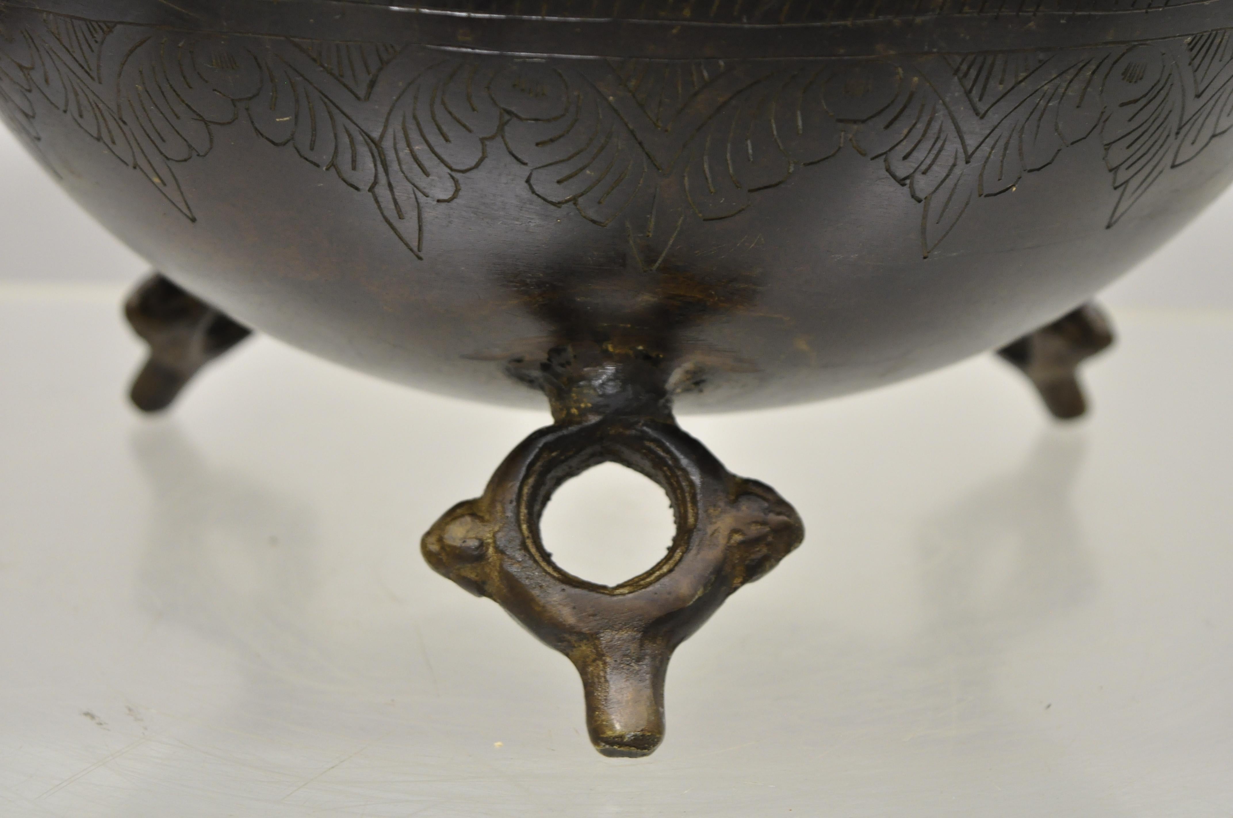 Vintage Cast Iron Bronze Chinese Twin Elephant Handle Etched Bowl Pot Planter 3