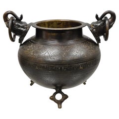 Vintage Cast Iron Bronze Chinese Twin Elephant Handle Etched Bowl Pot Planter