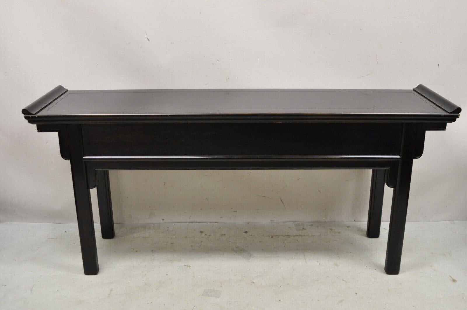 Vtg Century Chinoiserie Chinese Black Lacquered Ebonized Low Console Sofa Table For Sale 5