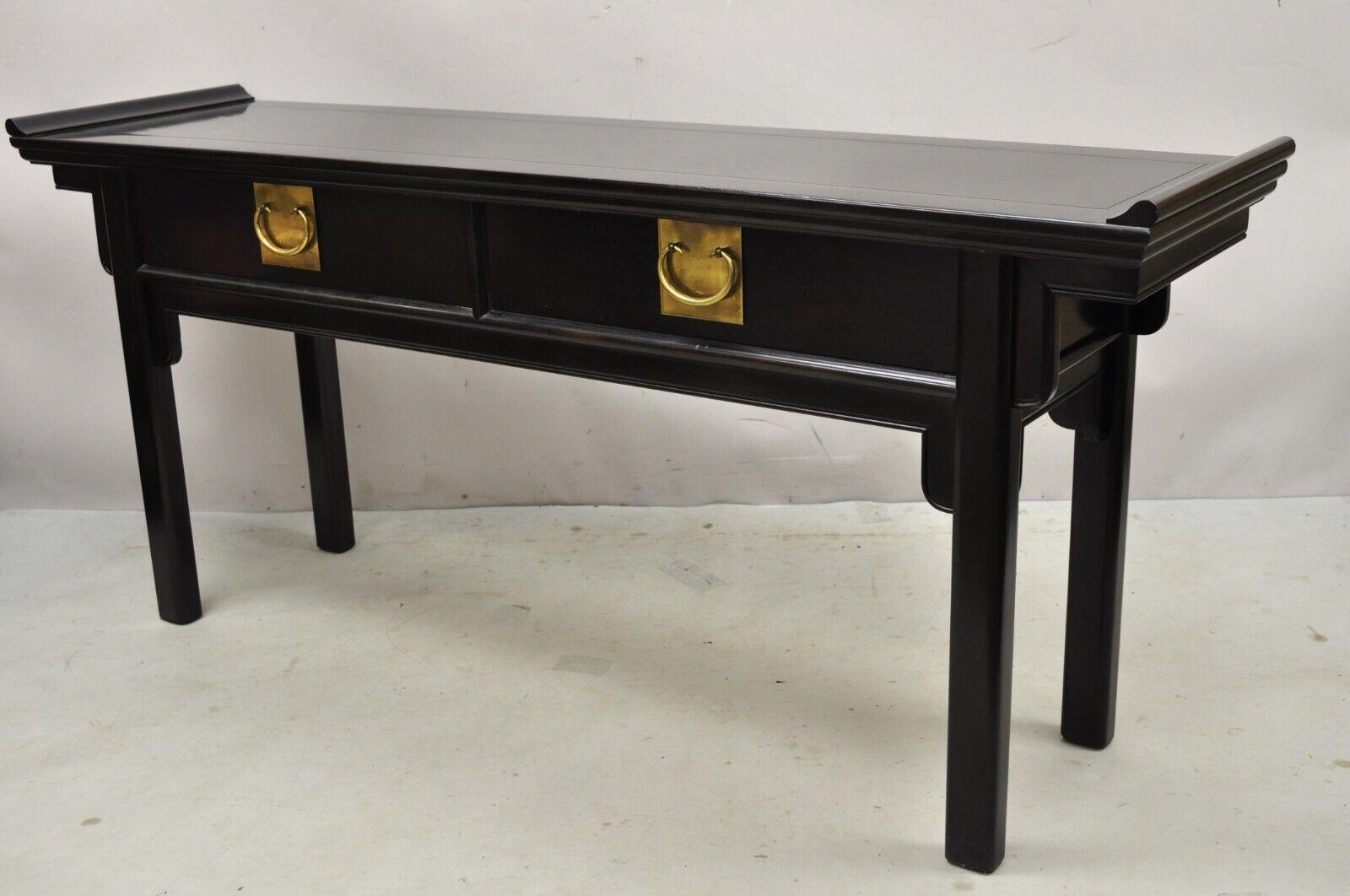 Vintage Century Chinoiserie Chinese Black Lacquered Ebonized Low Console Sofa Table. Item features a pagoda top, low sleek form, solid wood construction, finished back, original label, 2 dovetailed drawers, solid brass hardware, quality American