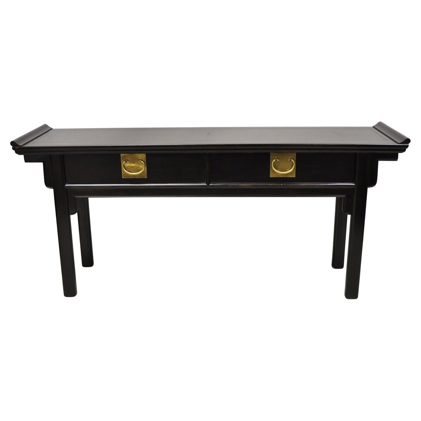 Vtg Century Chinoiserie Chinese Black Lacquered Ebonized Low Console Sofa Table For Sale