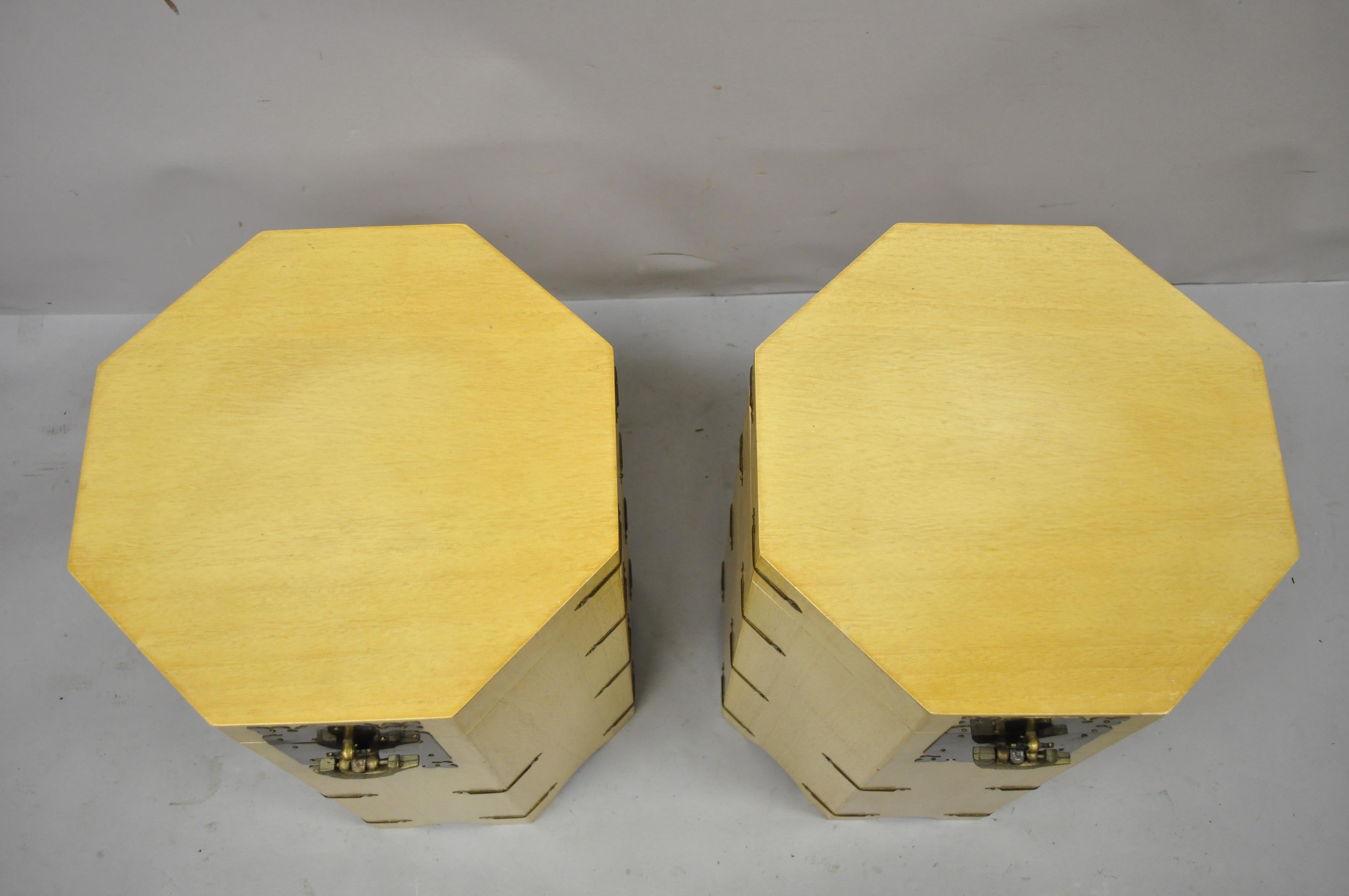 20th Century Vtg Cerused Mahogany Chinese Storage Chest Trunk Octagonal Side Tables, a Pair