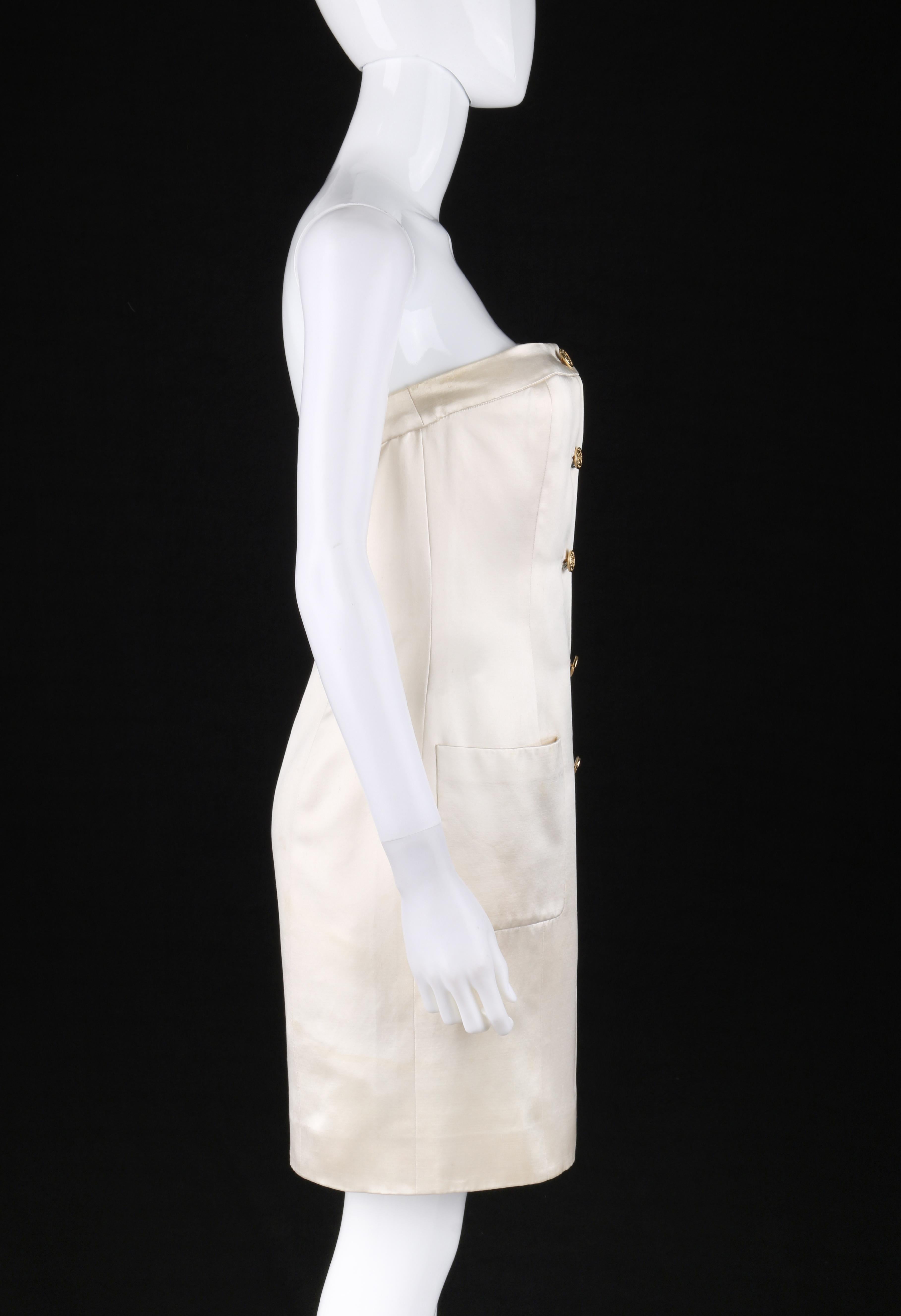 Vtg. CHANEL c.1980’s Ivory Champagne Satin Silk Gold Button Up Strapless Dress In Good Condition In Thiensville, WI