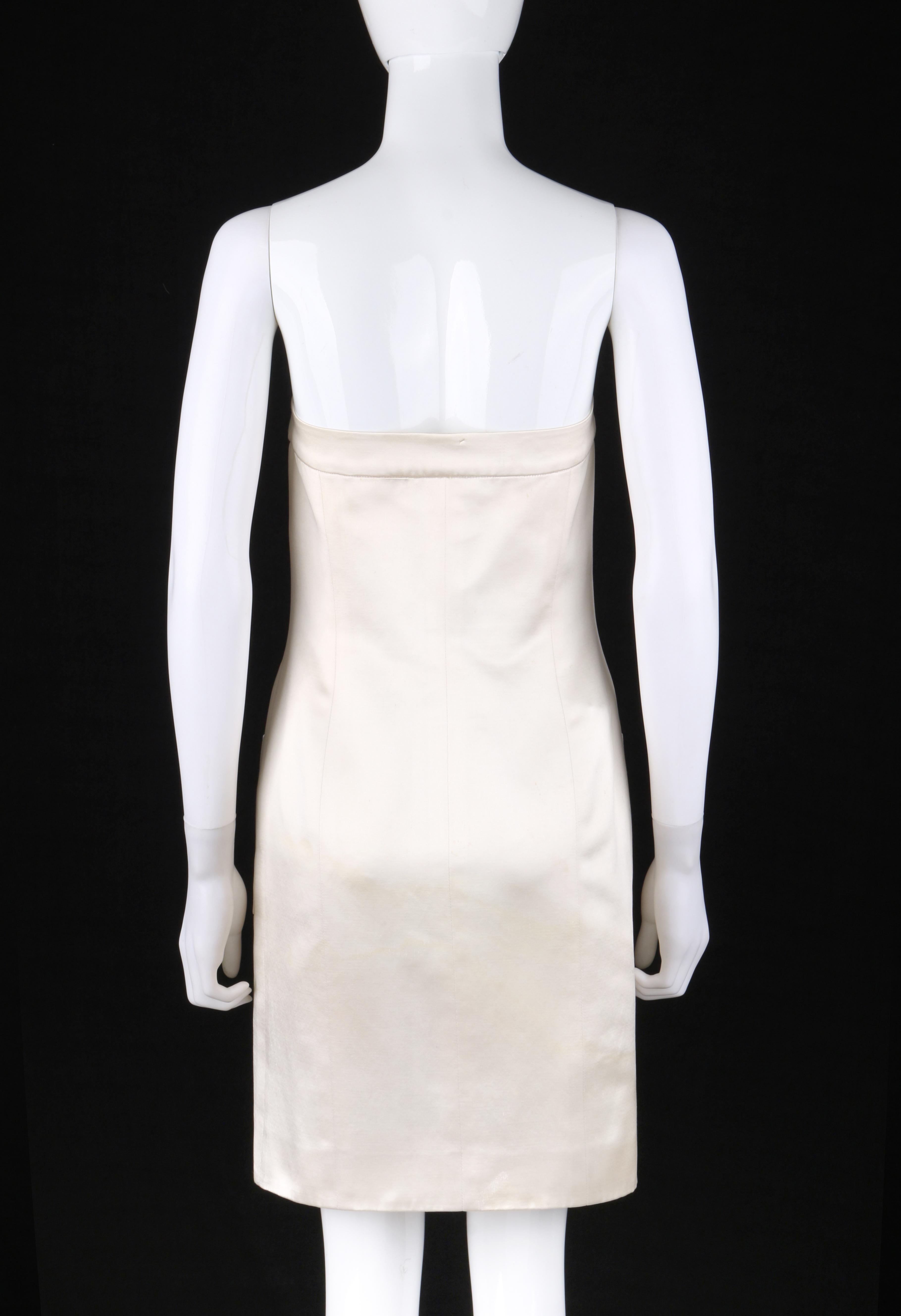 Women's Vtg. CHANEL c.1980’s Ivory Champagne Satin Silk Gold Button Up Strapless Dress