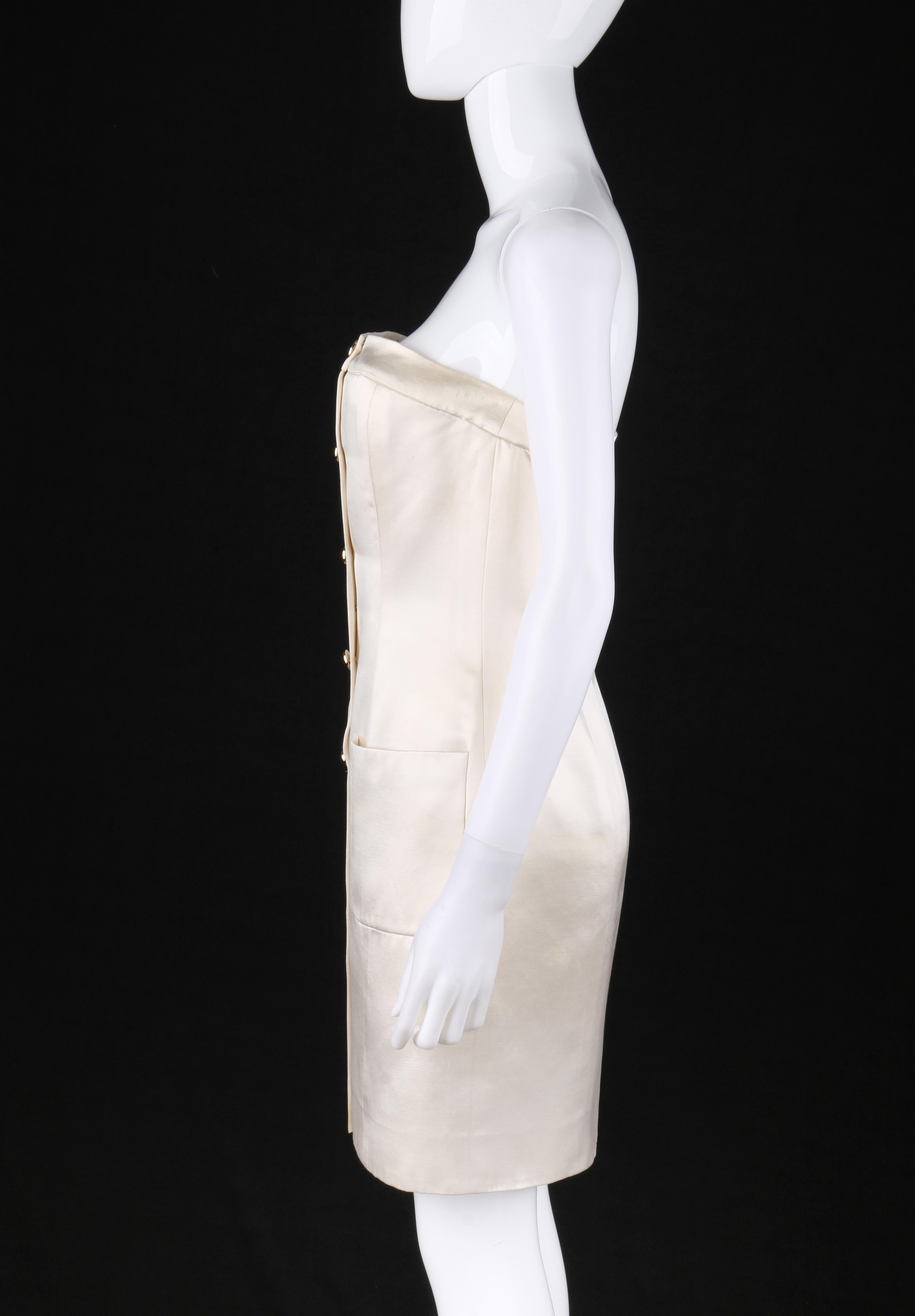 Vtg. CHANEL c.1980’s Ivory Champagne Satin Silk Gold Button Up Strapless Dress 1