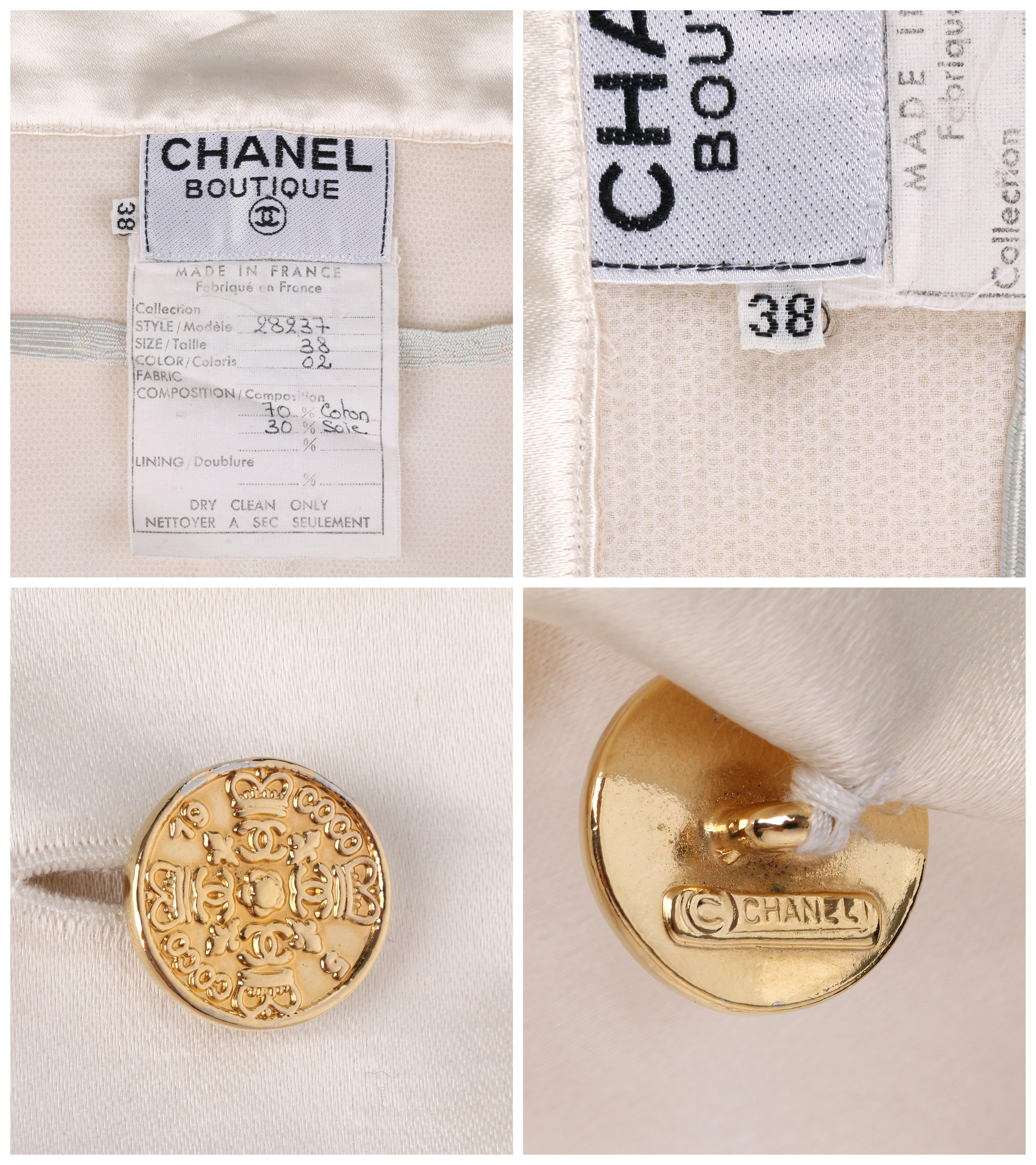 Vtg. CHANEL c.1980’s Ivory Champagne Satin Silk Gold Button Up Strapless Dress 3