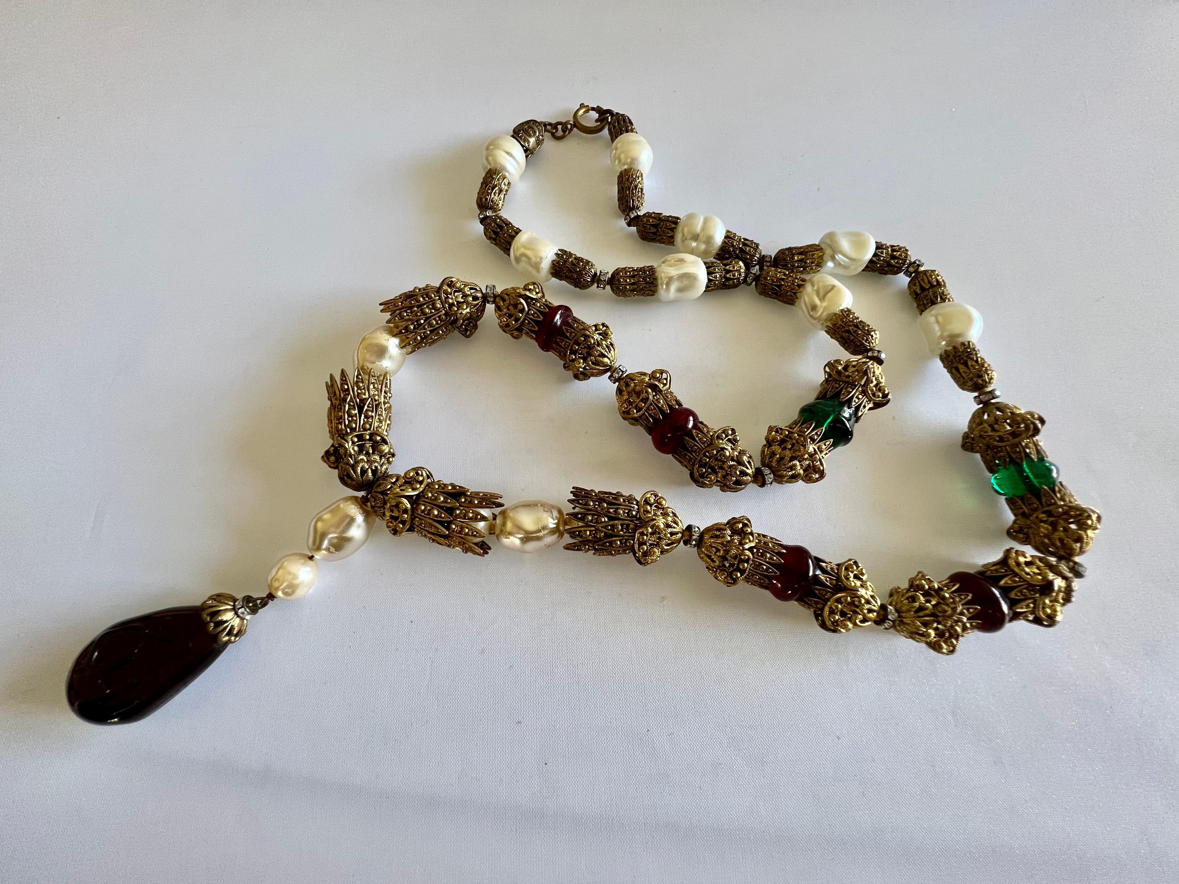 Bead Vtg Chanel Ornate Renaissance Pearl and Simulated Gemstone Statement Necklace  For Sale