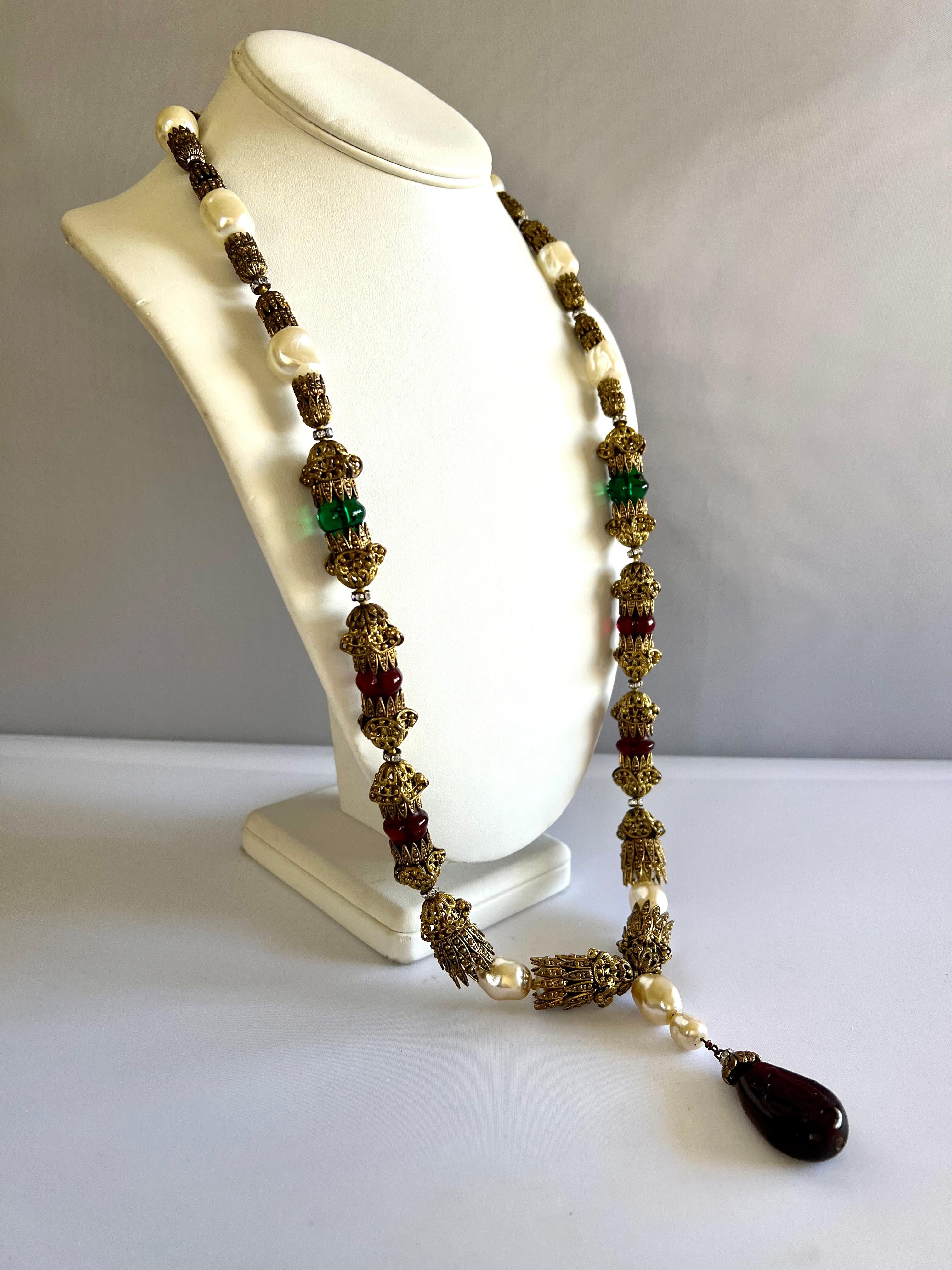 Women's Vtg Chanel Ornate Renaissance Pearl and Simulated Gemstone Statement Necklace  For Sale