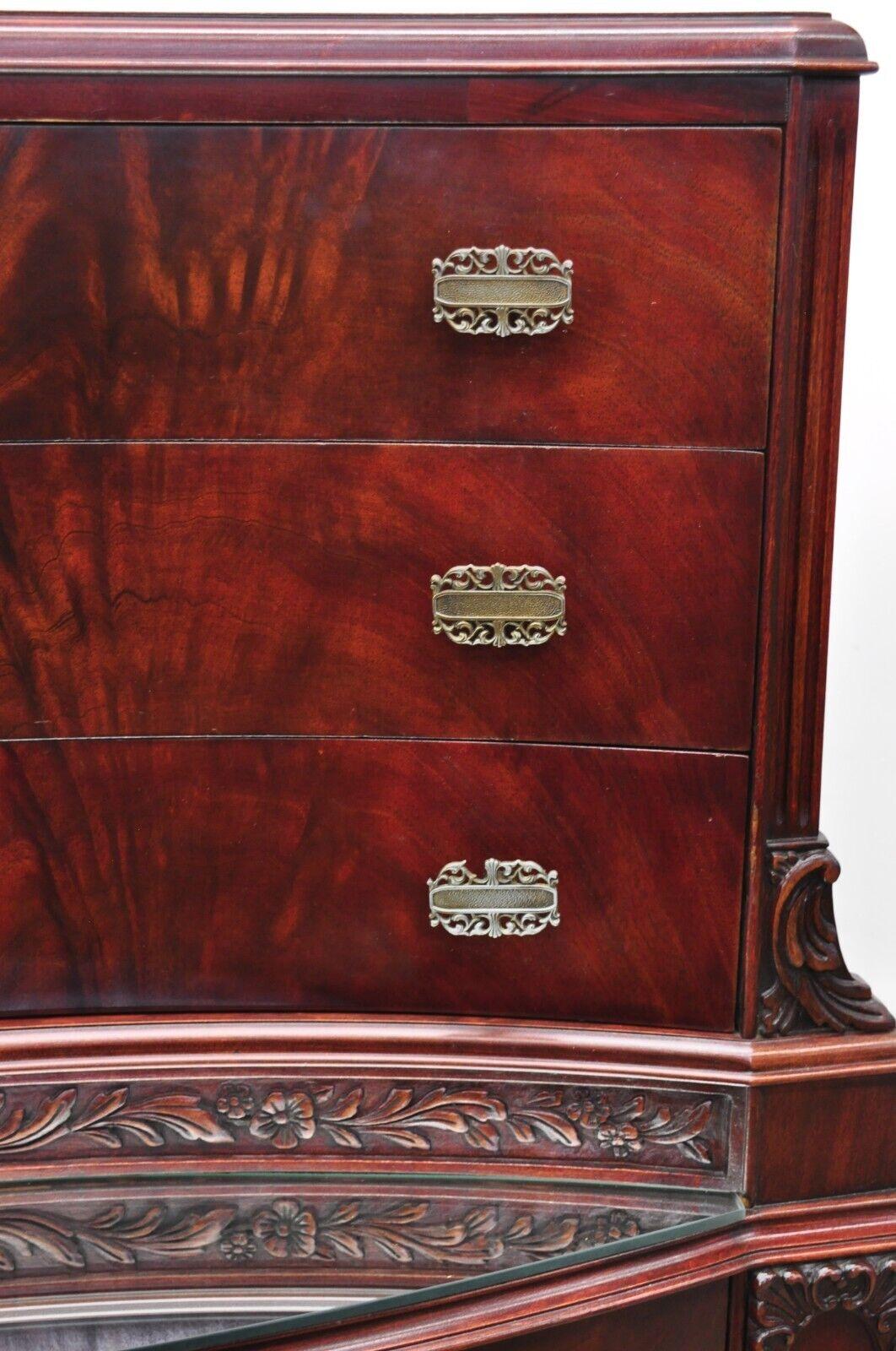 Vtg Chinese Chippendale Flame Mahogany Bowed Front Tall Chest on Chest Dresser For Sale 6