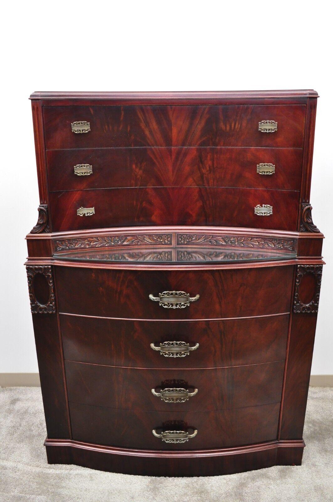 Vtg Chinese Chippendale Flame Mahogany Bowed Front Tall Chest on Chest Dresser For Sale 7