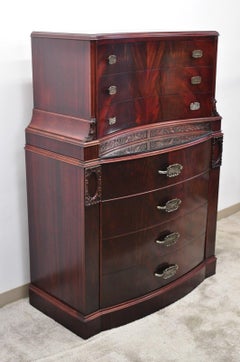 Vtg Chinese Chippendale Flame Mahogany Bowed Front Tall Chest on Chest Dresser